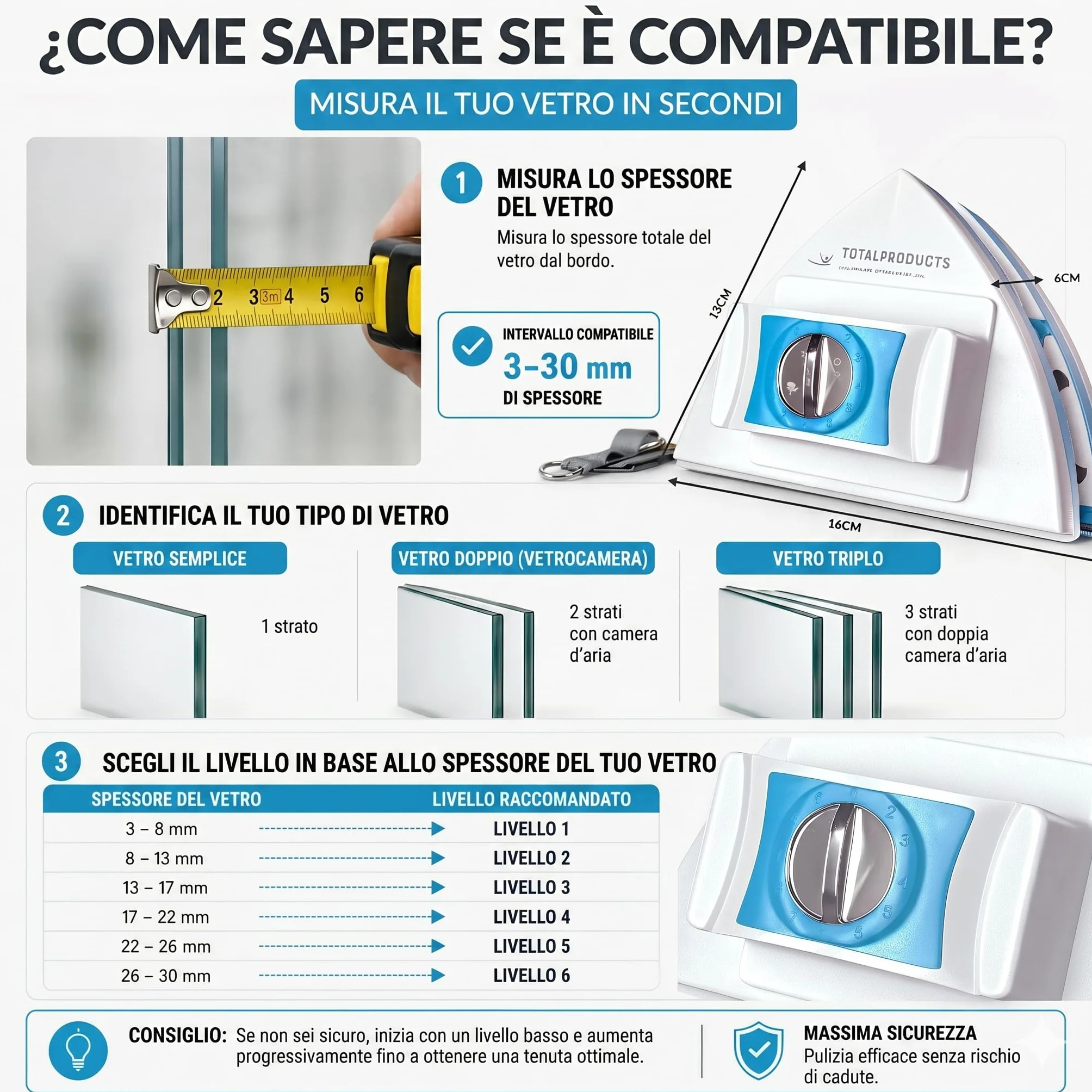 Lavavetri Magnetico Regolabile 3-30 mm, Pulitore Vetri Doppia Faccia, Corda di Sicurezza, Ricambi e Manuale
