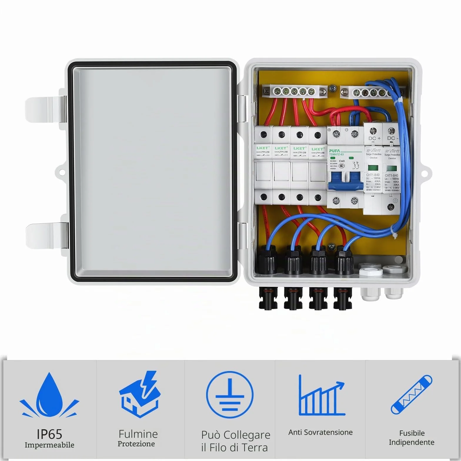 ECO-WORTHY 4 Stringhe PV Combiner Box 10A Interruttore con Coperchio in Plastica ABS Scatola Elettrica - Impermeabile Protezione Sicura Generatore Fotovaltaico per Pannelli Solari Kit Sistema