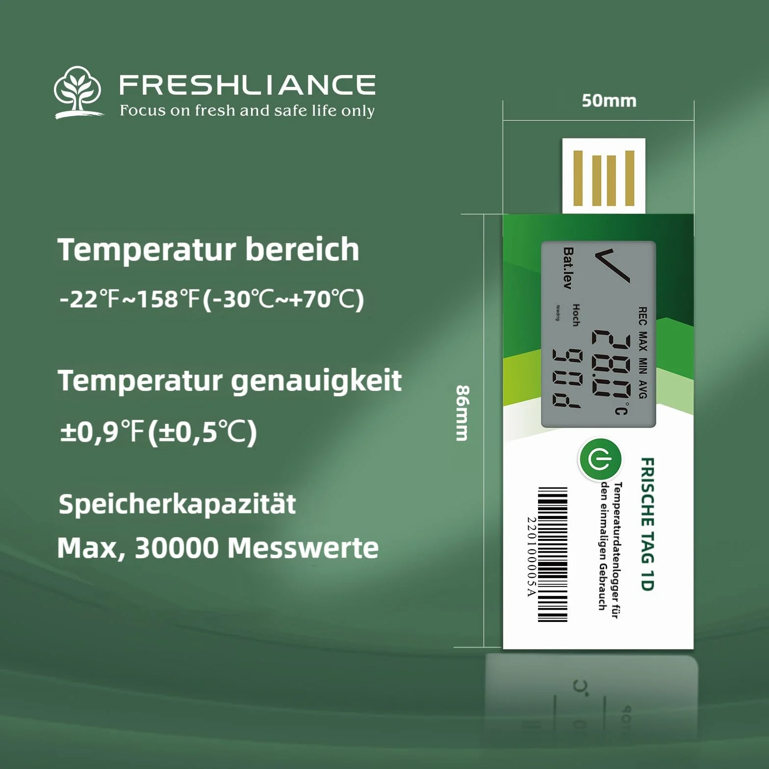 Registratore di dati di temperatura Freshliance con display LCD, registratore di temperatura USB monouso con 30.000 punti, report PDF CSV automatico, 30 giorni, confezione da 1 pezzi