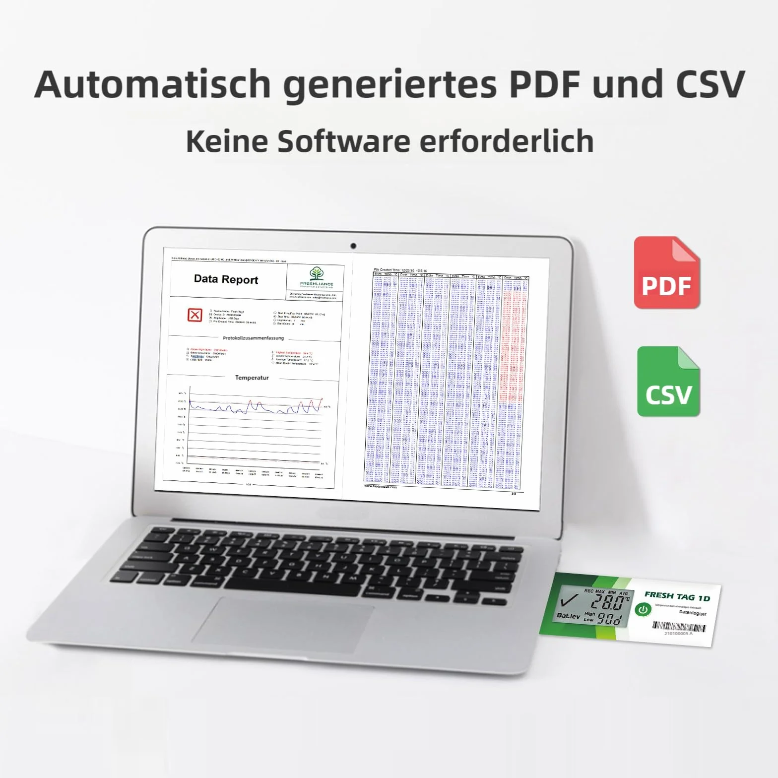 Registratore di dati di temperatura Freshliance con display LCD, registratore di temperatura USB monouso con 30.000 punti, report PDF CSV automatico, 30 giorni, confezione da 1 pezzi