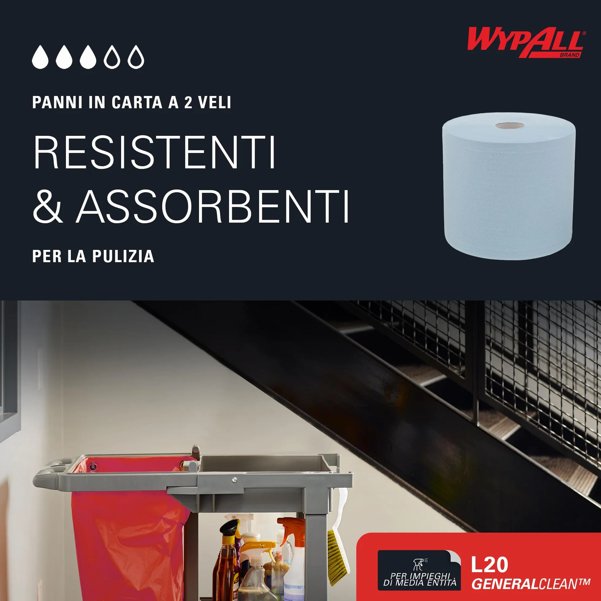 WypAll L20 Maxi Rotolo Panni Carta 7300, 2 Veli, Blu, 500 Fogli, Biodegradabili, Certificato Contatto Alimentare