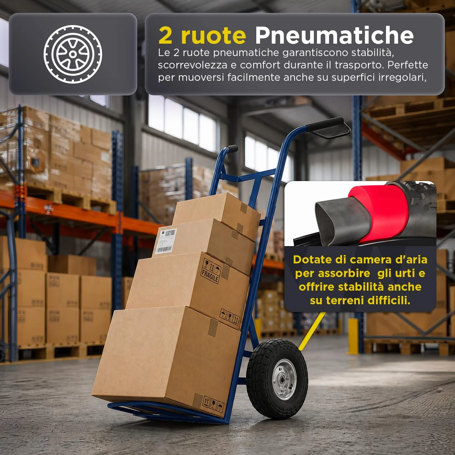 Avilia - Carrello Portapacchi con 2 Ruote Pneumatiche – Struttura in Metallo, 250 kg | Carrello Saliscale con Manico Ergonomico, Multiuso Traslochi, Edilizia, Terreno (Blu, Chilogrammi, 250)