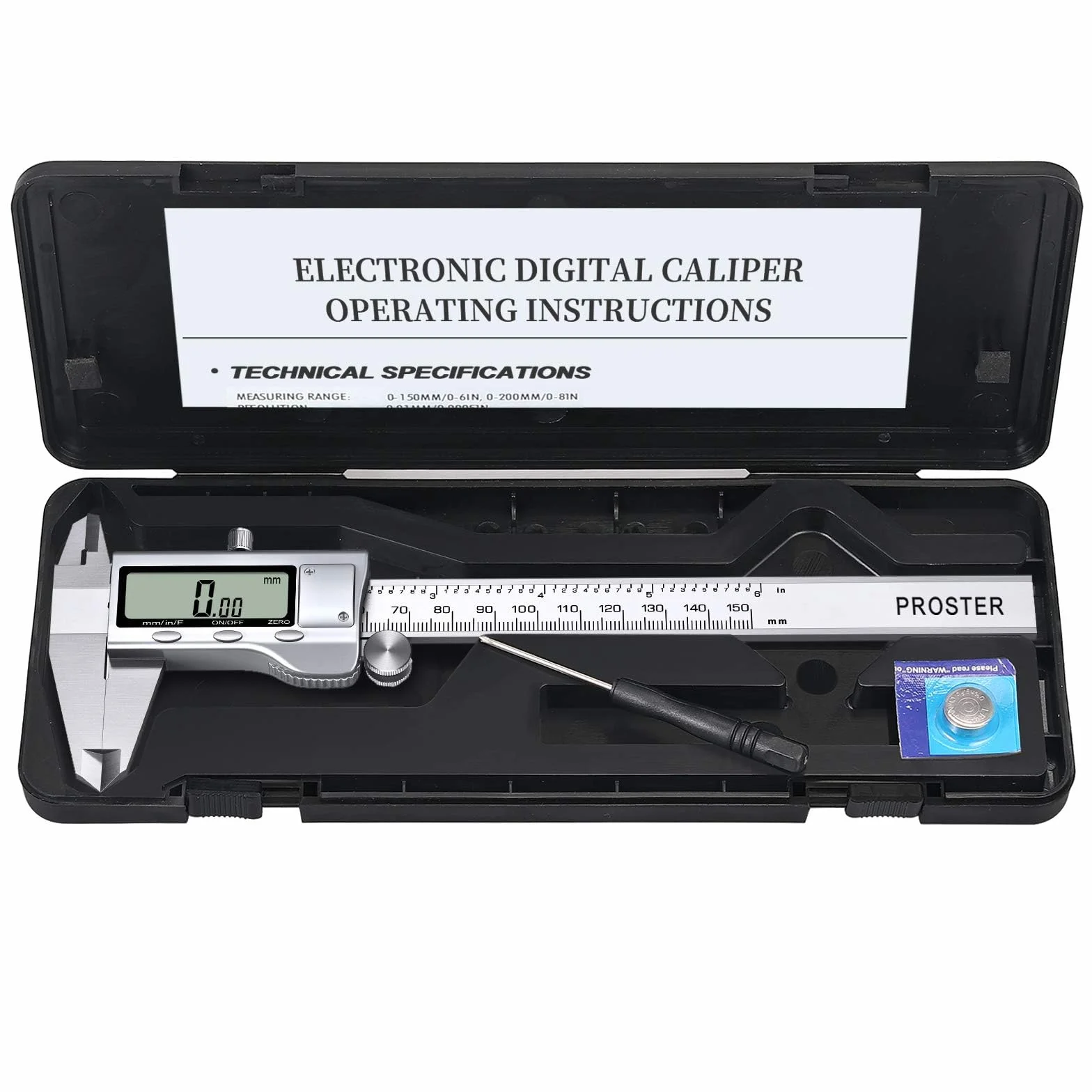Proster 150mm Calibro a Corsoio Digitale LCD Acciaio Inox 6 Pollici Elettronico