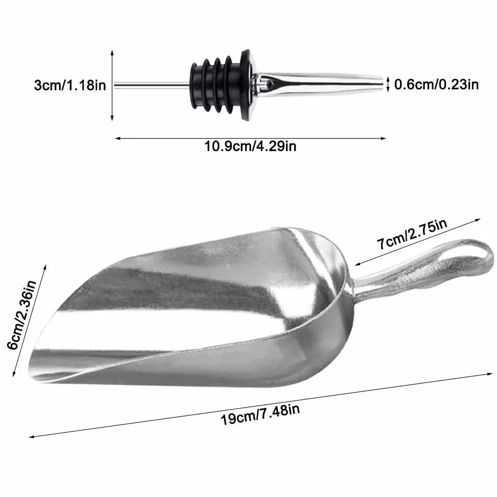 FineGood - Paletta per ghiaccio con 6 bottiglie in acciaio inox per cucchiaini da bar, bottiglia di liquore, beccuccio con tappi antipolvere