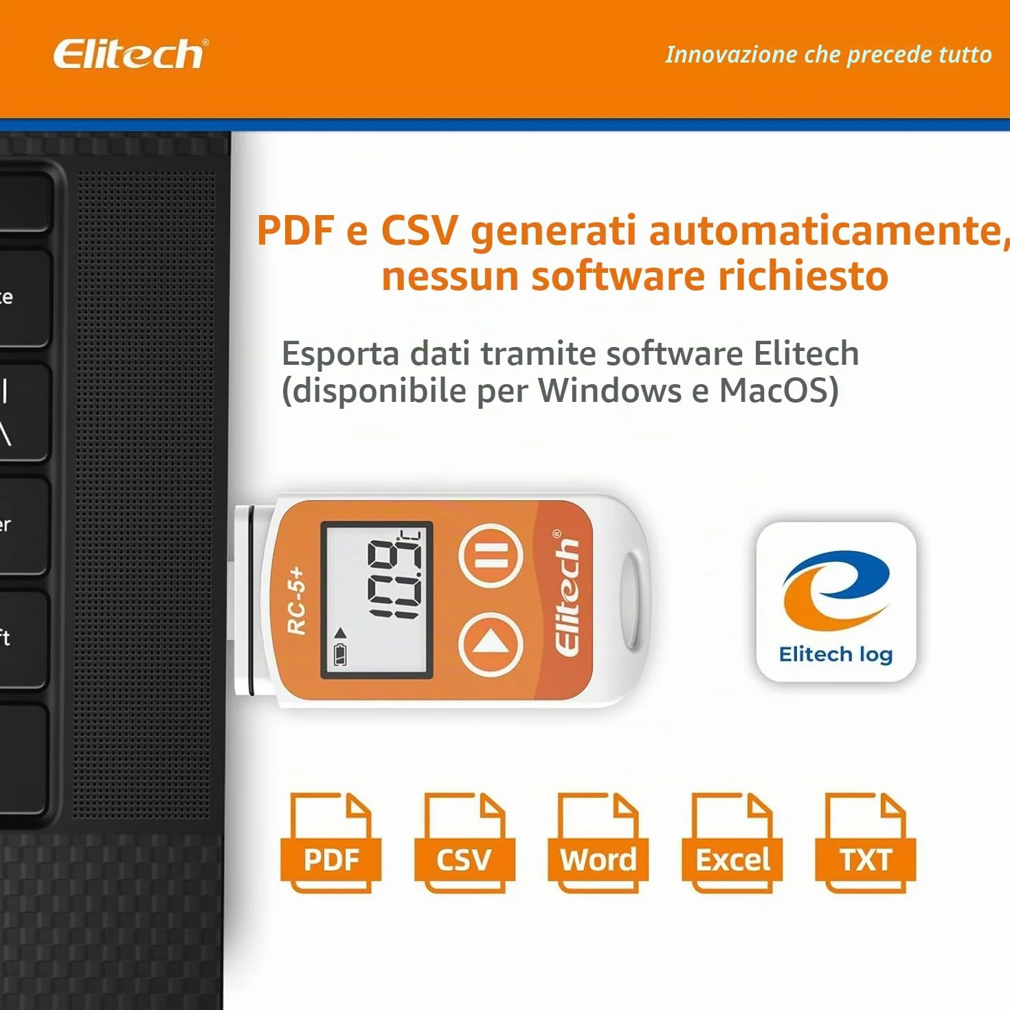Elitech RC-5+ Data Logger Temperatura USB 32000 Punti PDF CSV Mac PC