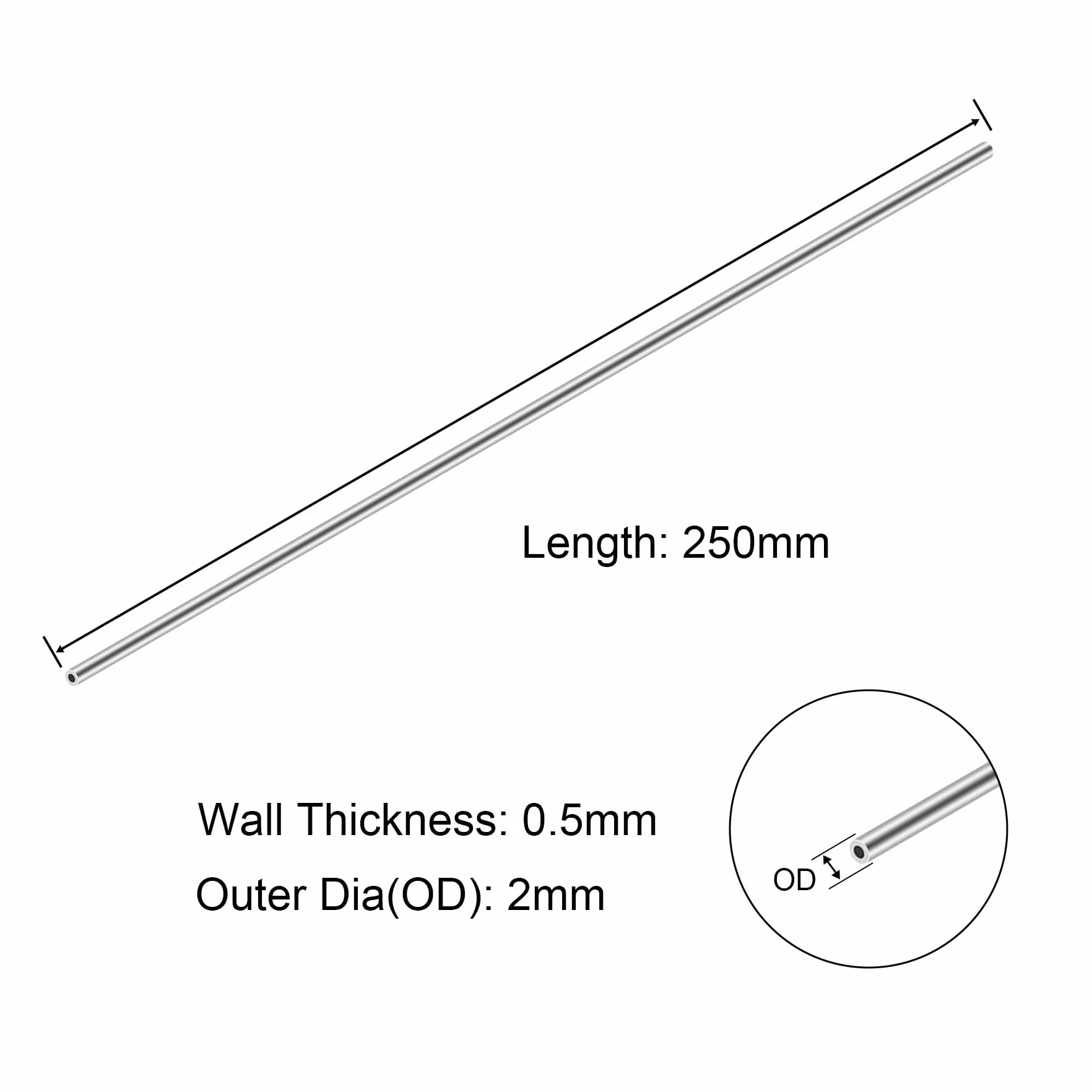 304 tubi in acciaio inox, diametro esterno 2 mm x spessore parete 0,5 mm, lunghezza 250 mm, tubo in acciaio inox, tubo dritto industriale (3 pezzi)