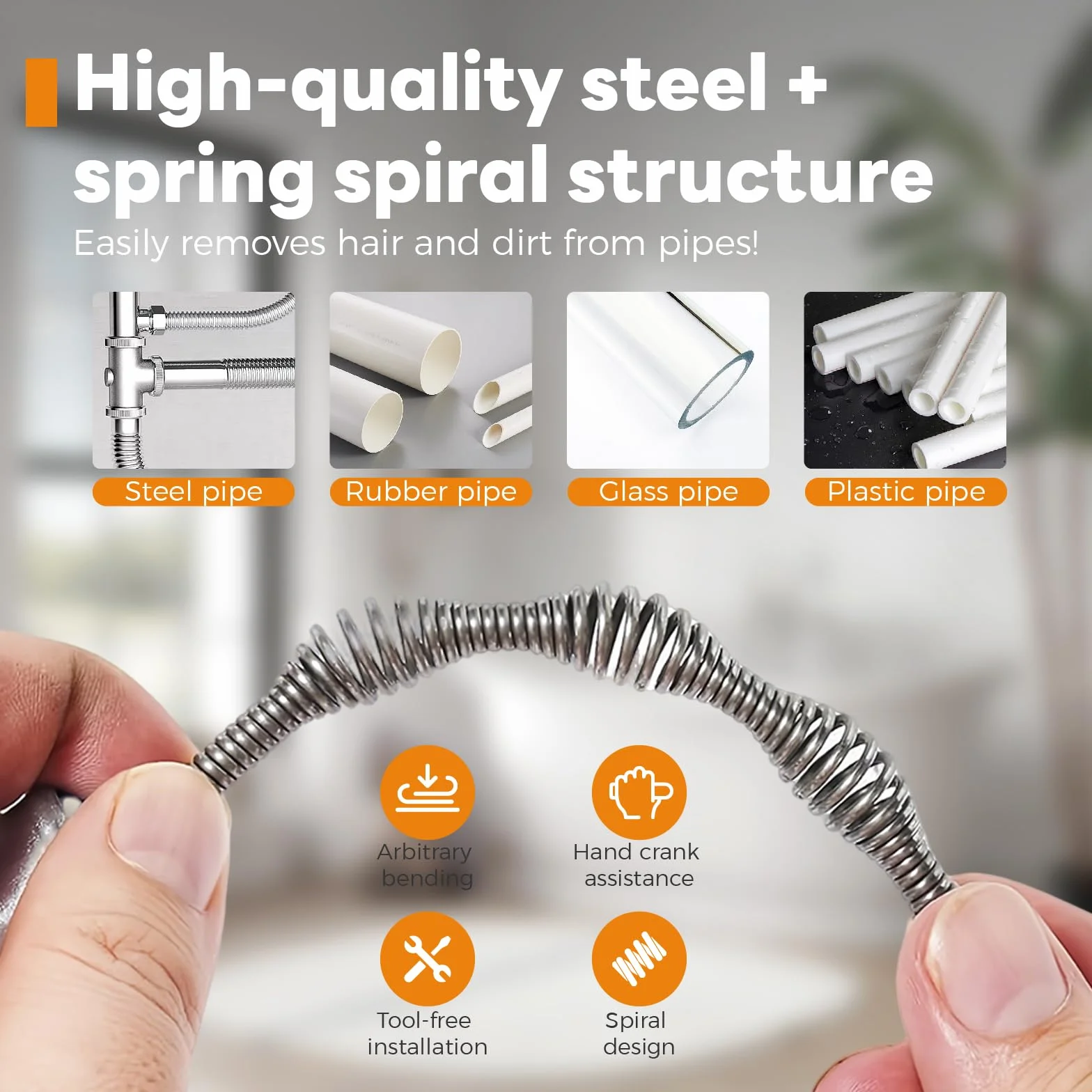 Molla Sonda Sturatubi 10M, Riutilizzabile Sonda Sturatubi Professionale con guanti,Stura Lavandini e Scarichi Kit di Attrezzi per Fognature, Cucine, Bagni, WC e tubi di Scarico Intasat