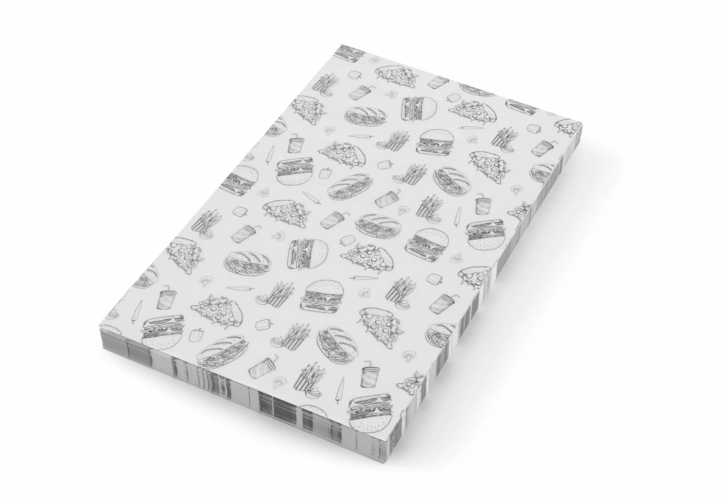 HENDI Carta alimentare antigrasso, confezione da 500 fogli, resistente ai grassi, carta cerata in bianco e nero con illustrazioni di hamburger per avvolgere o servire alimenti, 250x350mm