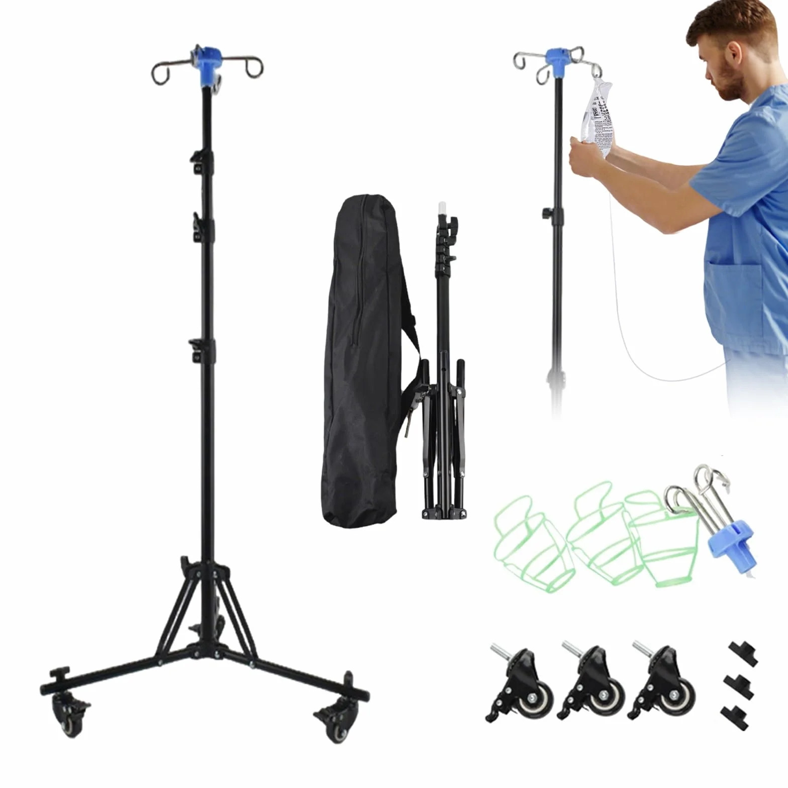 Supporto per infusione pieghevole Asta per flebo con ganci&ruote, supporto per infusione mobile, per ospedale e cura domestica,regolabile in altezza