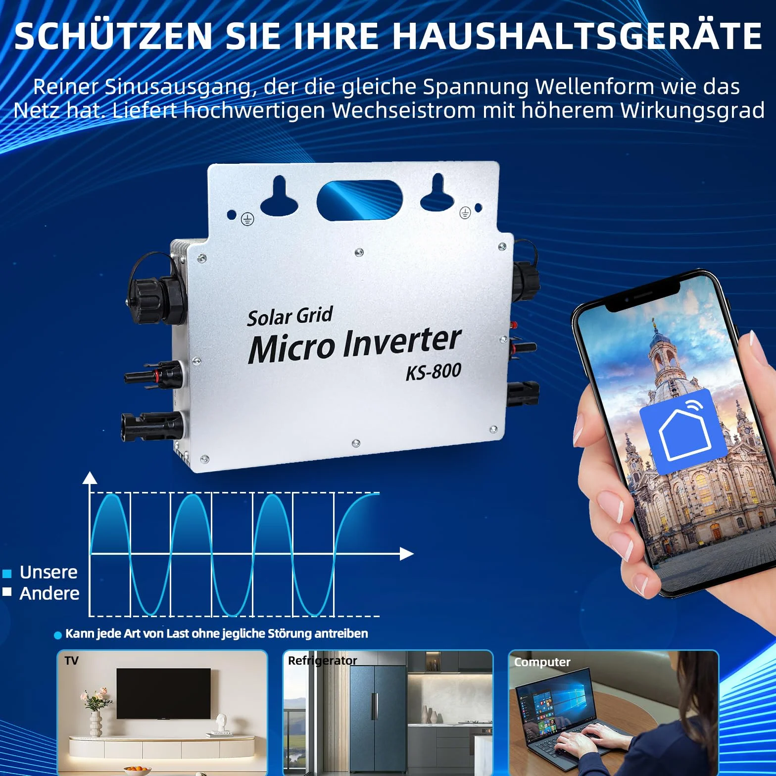 Inverter PV da 800 W, IP65, resistente all'acqua, inverter solare con applicazione WiFi per piante da balcone, microinverter per 2 pannelli solari, inverter di energia per la casa