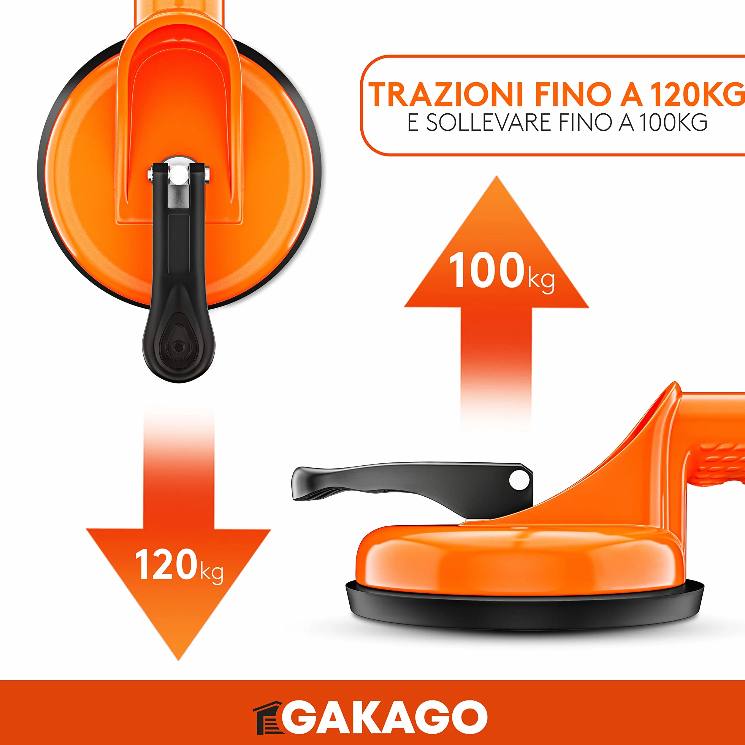 Gakago Sollevatore a ventosa (confezione da 2) - Maniglie di aspirazione ergonomiche e antiscivolo - Sollevatore a vuoto con portata di 120kg per il trasporto di piastrelle, laminato, vetri e finestre