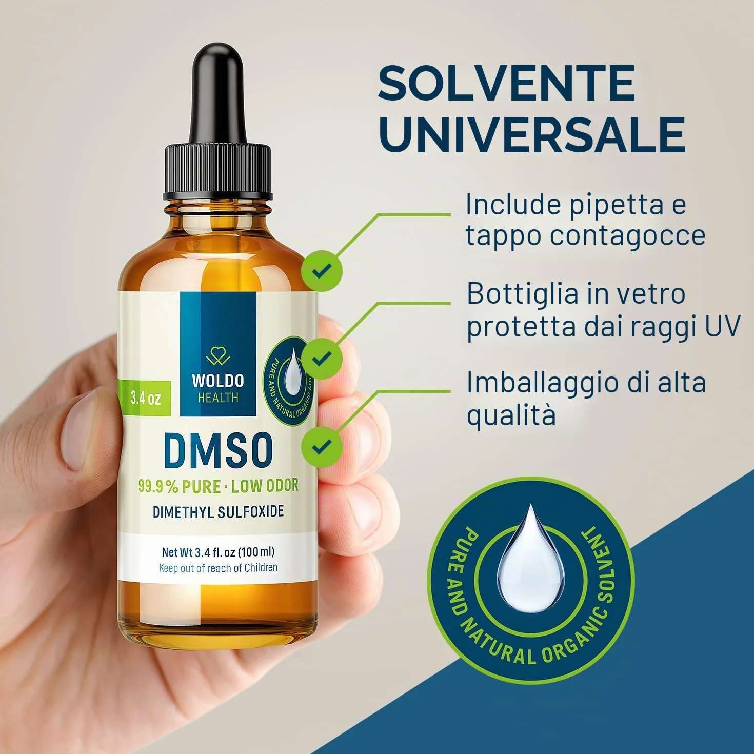 WoldoHealth DMSO 99,9% Dimetilsolfossido 100ml puro vetro ambrato con pipetta
