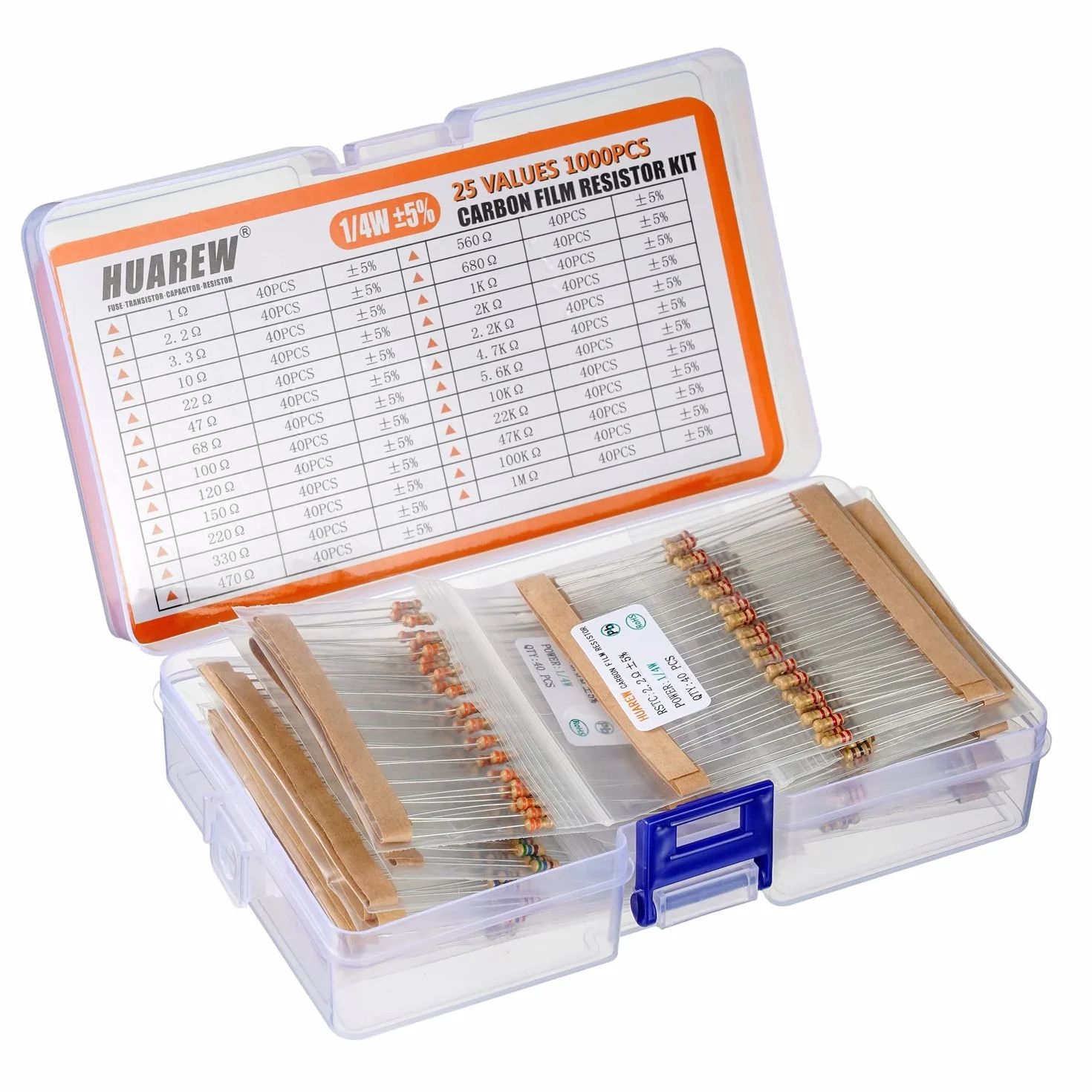 Zestaw 1000 sztuk rezystorów węglowych 1/4W 1 Ohm-1M Ohm 5% 25 wartości