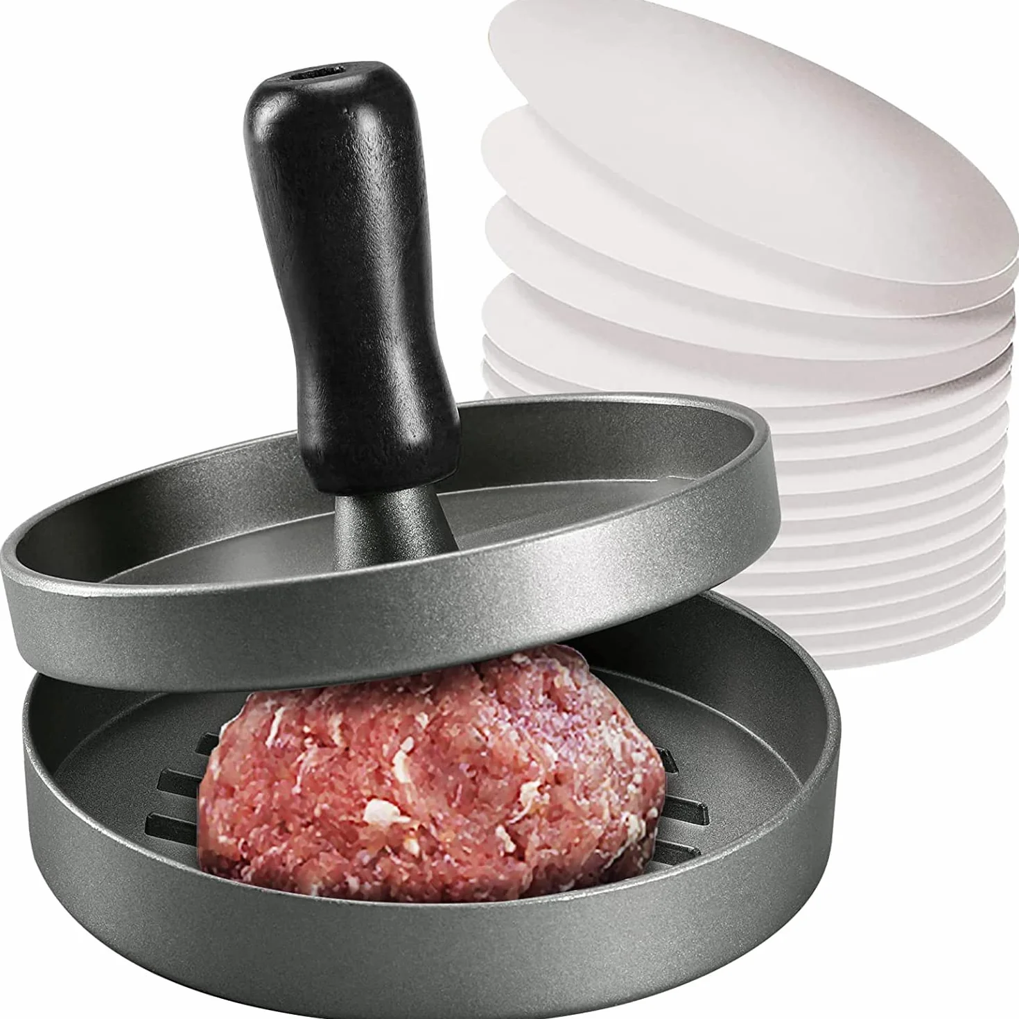 Burger Press e 100 carta oleata antiaderente per carne Patty Hamburger Maker per preparare hamburger tascabili ripieni da un quarto di libbra o grandi 1/3 di libbra, alluminio per barbecue