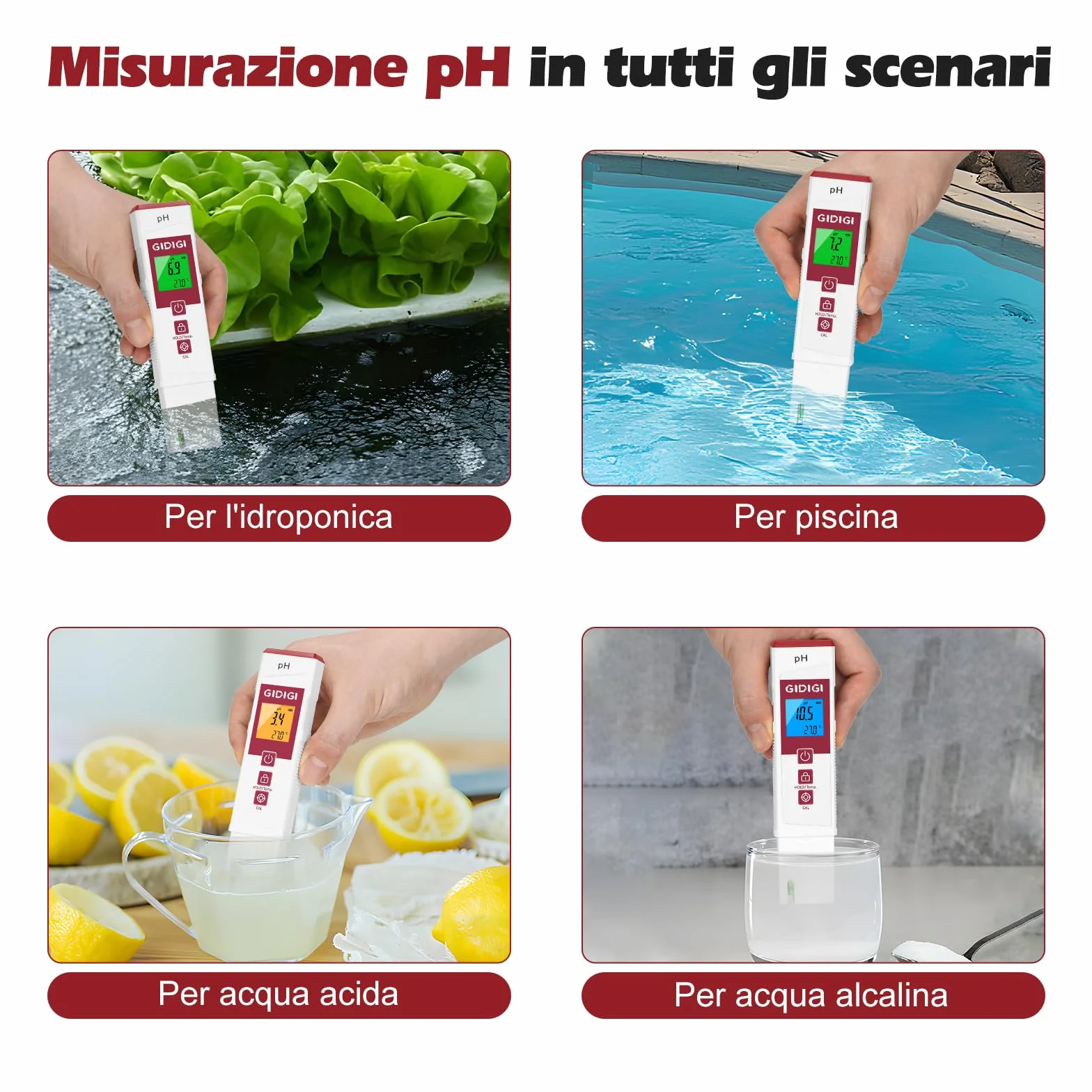 Misuratore di pH per acqua con display a colori, misuratore di pH digitale professionale, kit di calibrazione del pH analizzatore di qualità dell'acqua per piscine, terme, idroponica, acquari e