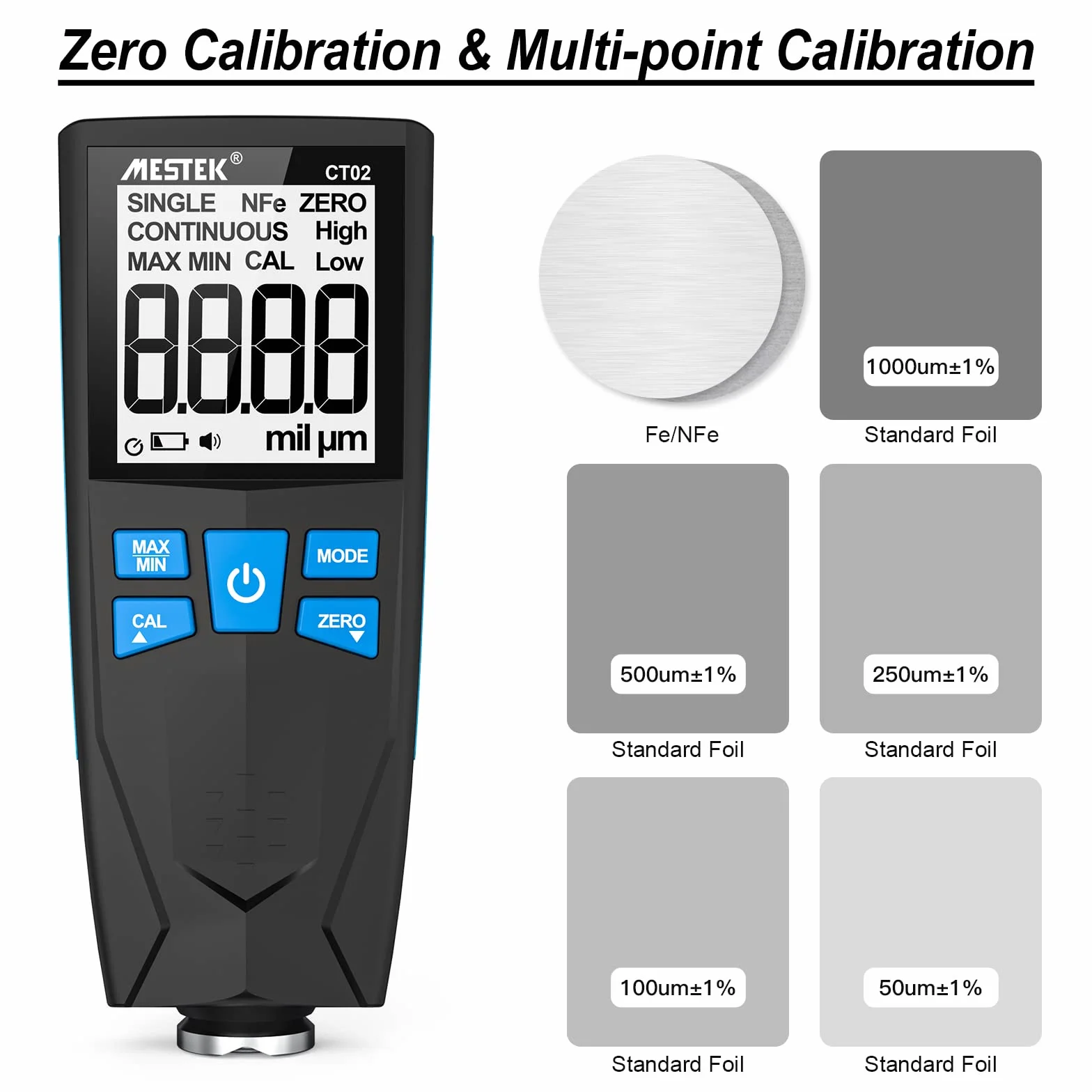 MESTEK Spessimetro Vernice Misuratore di Spessore del Rivestimento 0-1500um LCD-Display 2 Messmodi Hoch/Tief Alarm