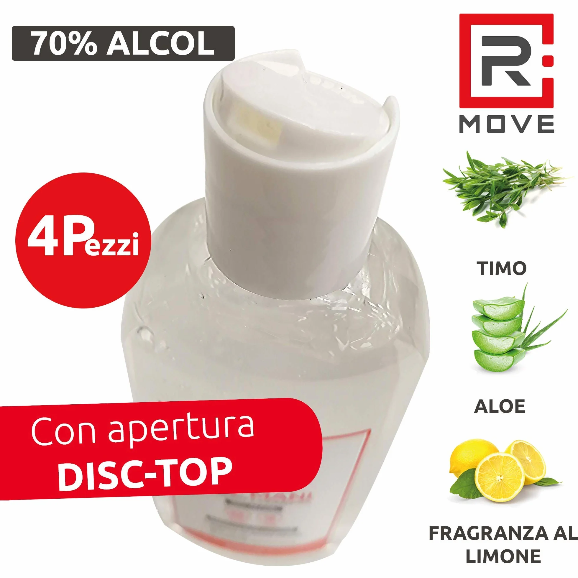 RMOVE 4 flaconi 200ml gel igienizzante mani 70% ALCOL profumato al limone con Aloe e Timo
