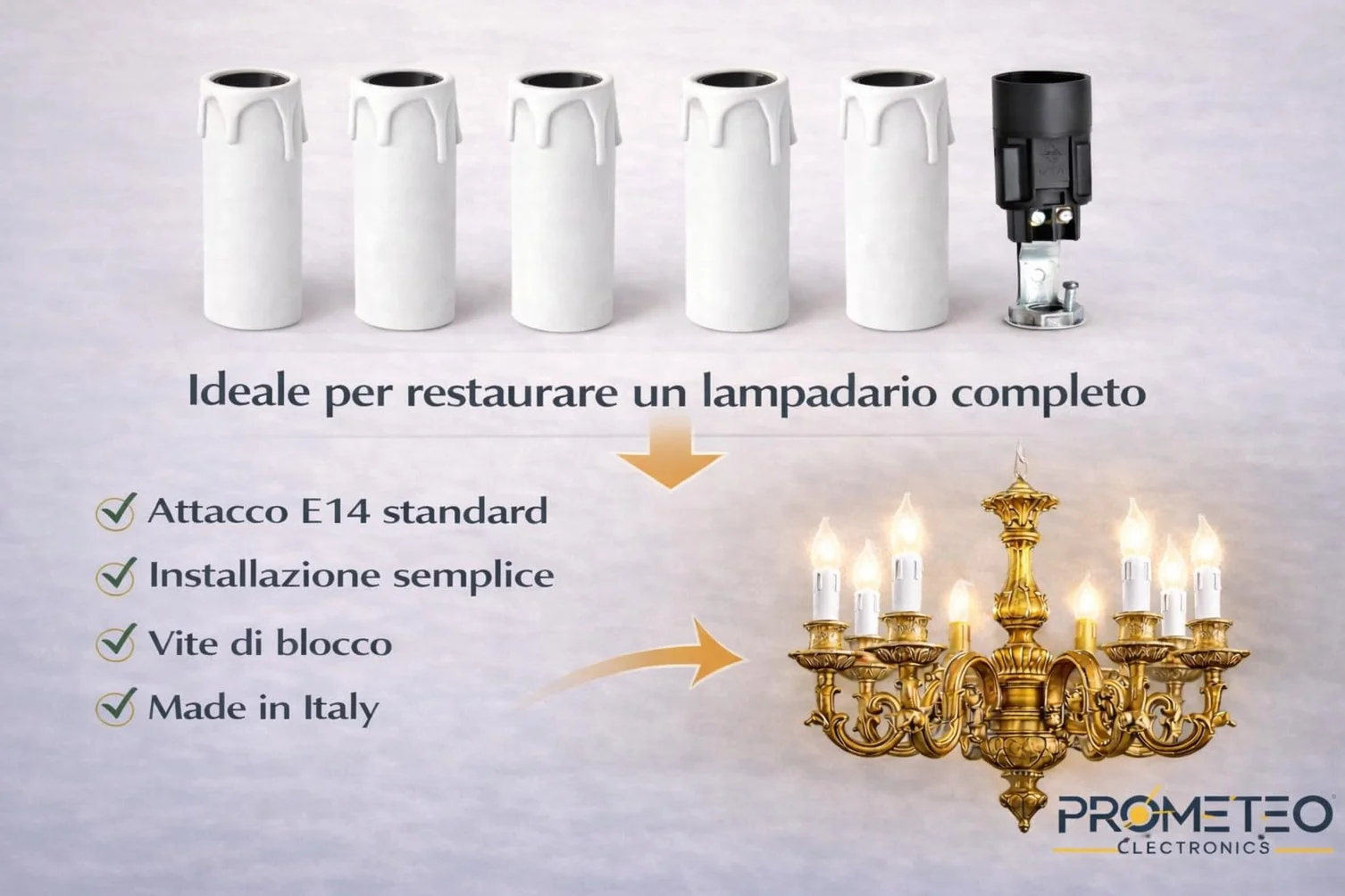 Kit 6 Portalampade E14 Finta Candela Bianca – Copricandela per Lampadari Classici e Vintage – Attacco E14 con Nipplo M10 e Vite di Sicurezza – Altezza 65 mm