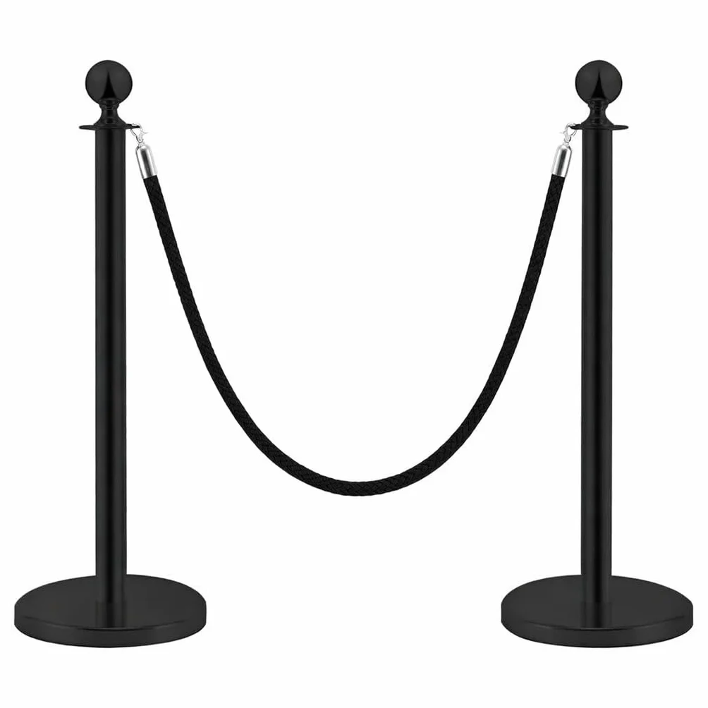 Pali distanziatori in acciaio inox nero, 2 pezzi, 90 cm di altezza, con corda nera da 1,5 m, connessione a 4 vie, base da 31 cm di diametro, controllo della folla