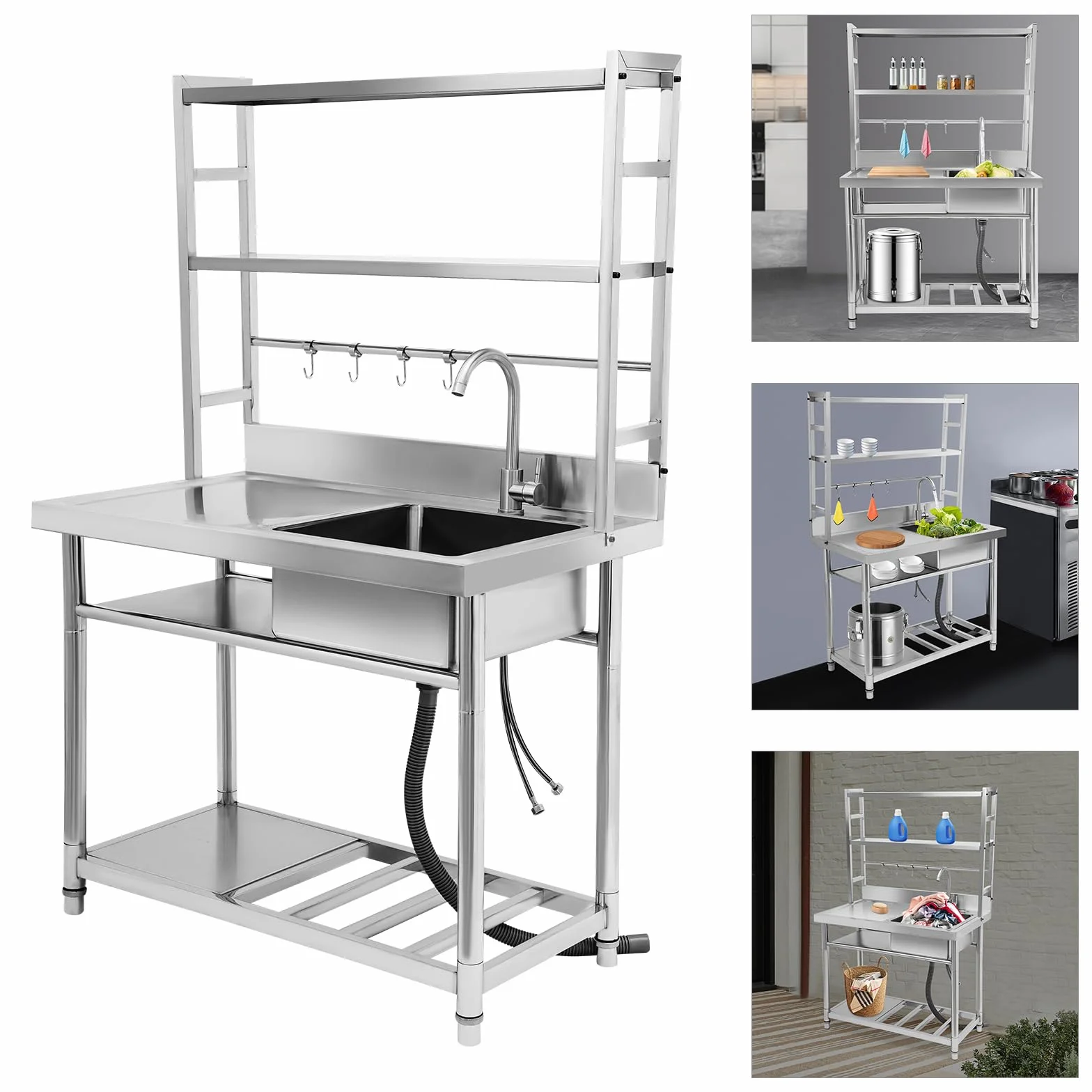 Lavandino da ristorante con ripiano a più livelli, multifunzione, in acciaio inox, commerciale, in acciaio inox, per la cucina e la gastronomia