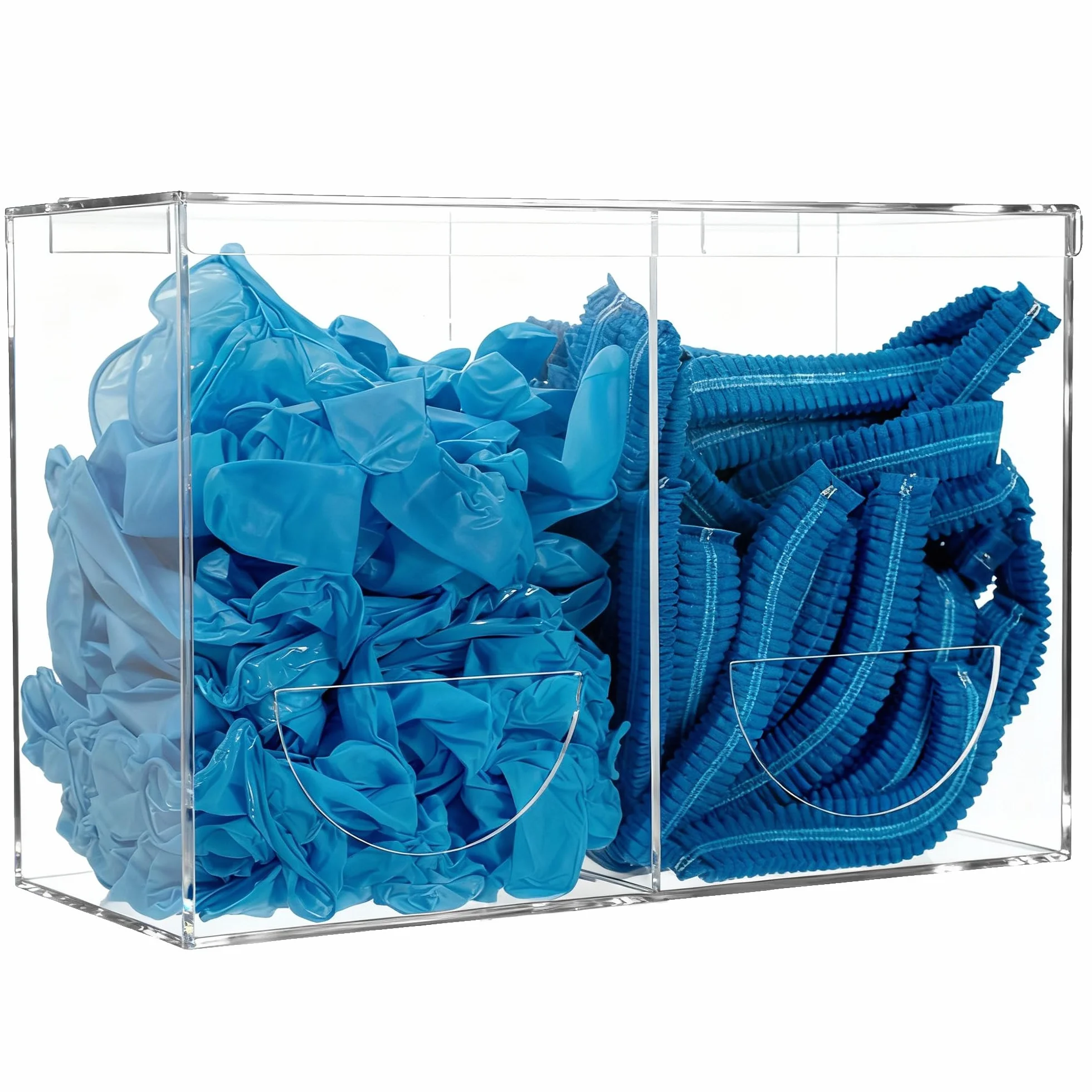 SEANADO Dispenser per guanti in acrilico trasparente con coperchio, 2 scomparti, per reti da barba, retine per capelli, sacchetti di plastica, copriscarpe, montaggio a parete o da tavolo