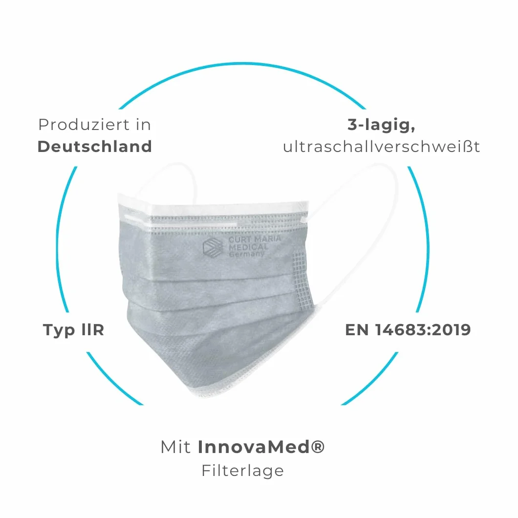 Curt Maria Medical 3-Ply Medical Masks con anelli per l'orecchio, grigio, confezione da 50