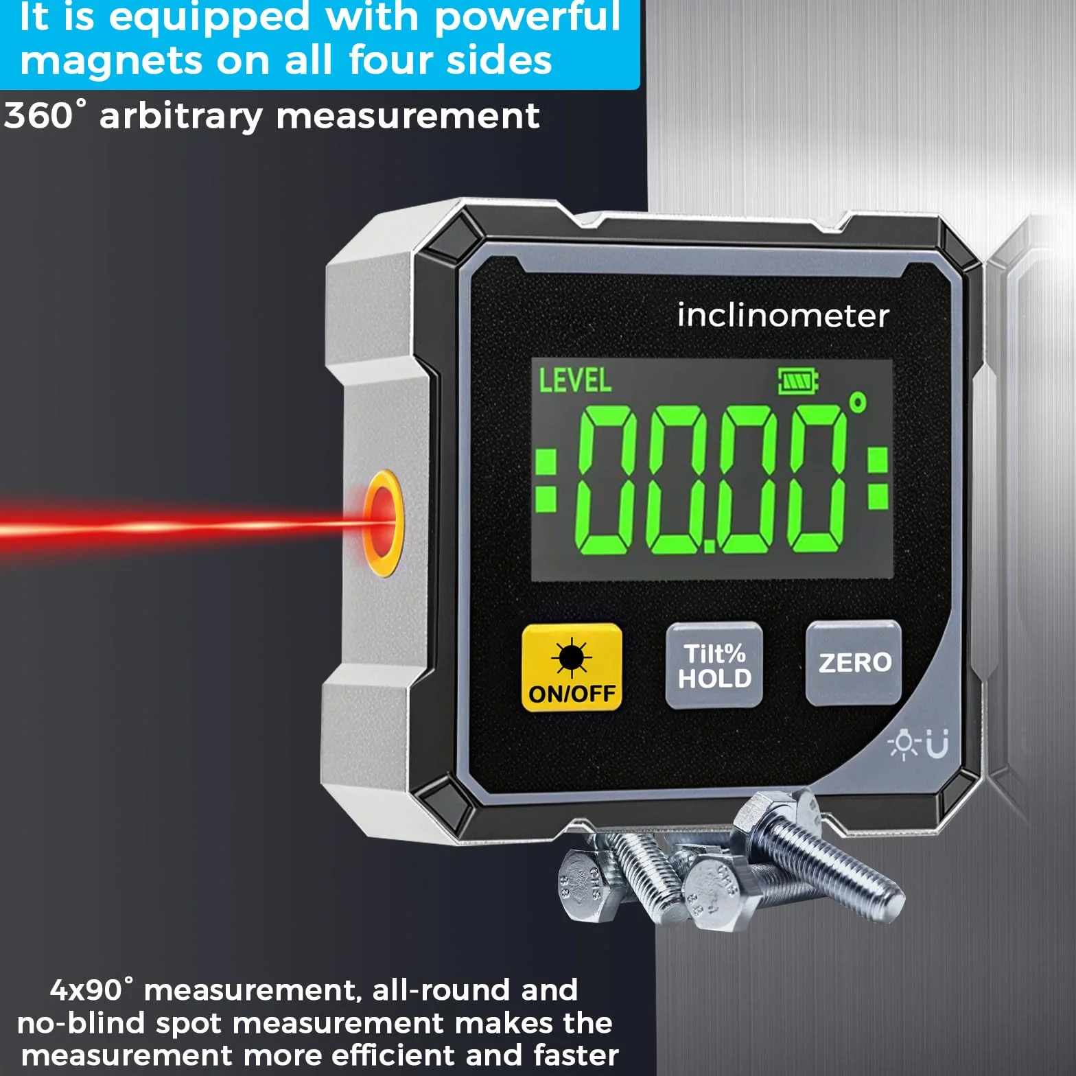 Magnetic Digital Angle Finder con Laser Elettronico, Livella Digitale, Inclinometro Digitale Ricaricabile, Goniometro Digitale con 4 Lati Magnetici, Inclinometro a 360 °, LCD Retroilluminato