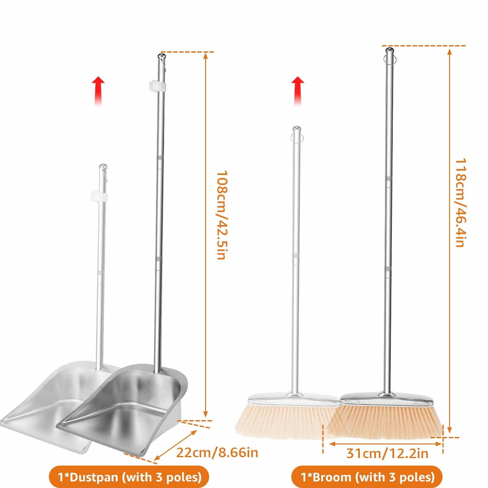 Set di scope e paletta in acciaio inox, paletta verticale e scopa per la pulizia a casa, ufficio, veranda e terrazza (quadrato) Lunghezza manico: 118 cm, prodotto esterno