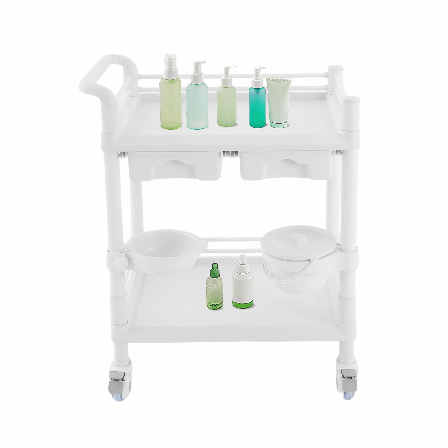 OUKANING Carrello medico con 2 cassetti e ruote dei freni, carrello da laboratorio arrotolabile in ABS, portata 90 kg, 64,5 x 44,5 x 90 cm, bianco multifunzionale per ospedale, studio cosmetico e