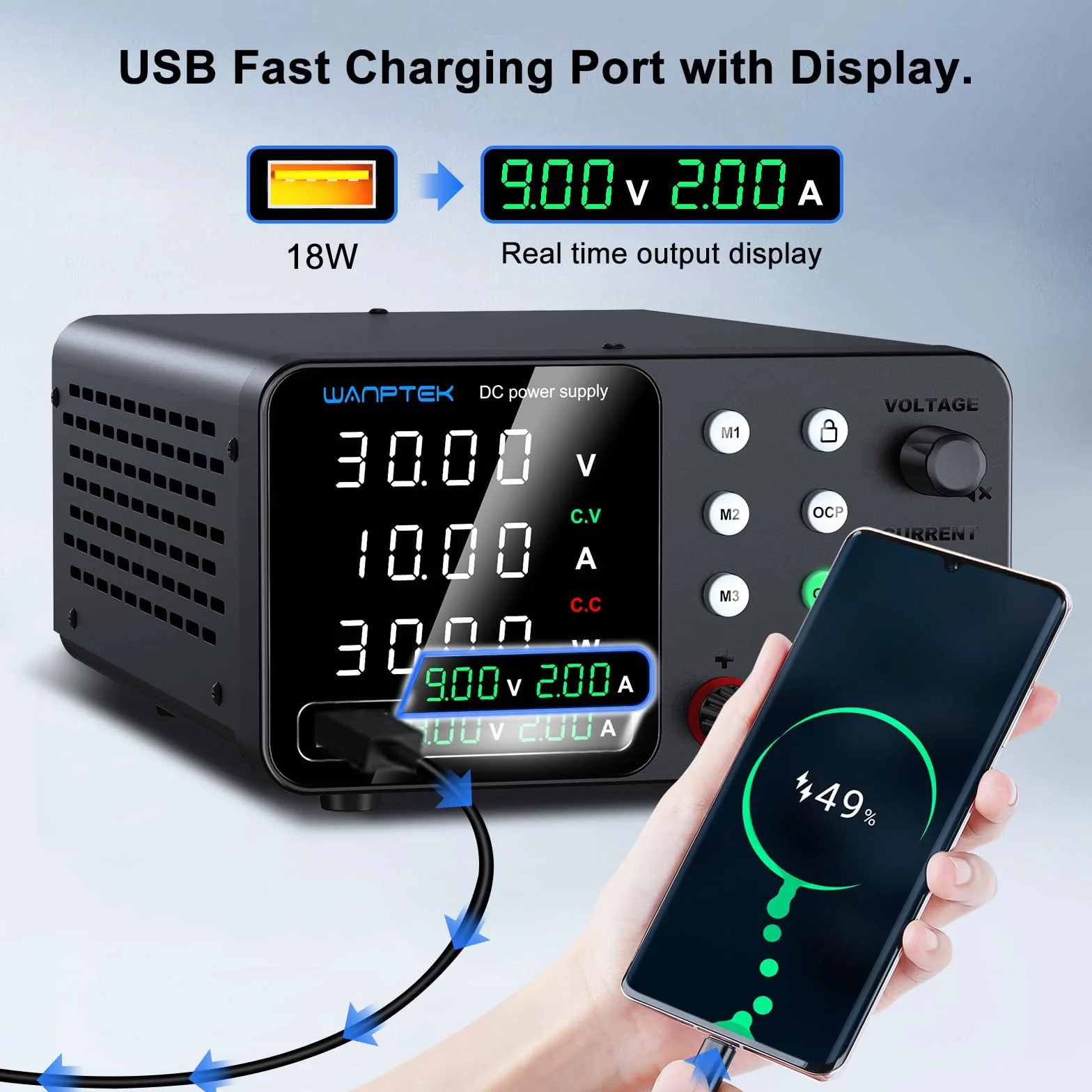 Alimentatore da Banco 30V 10A Regolabile con Memoria 3 Preset e Protezione OCP USB
