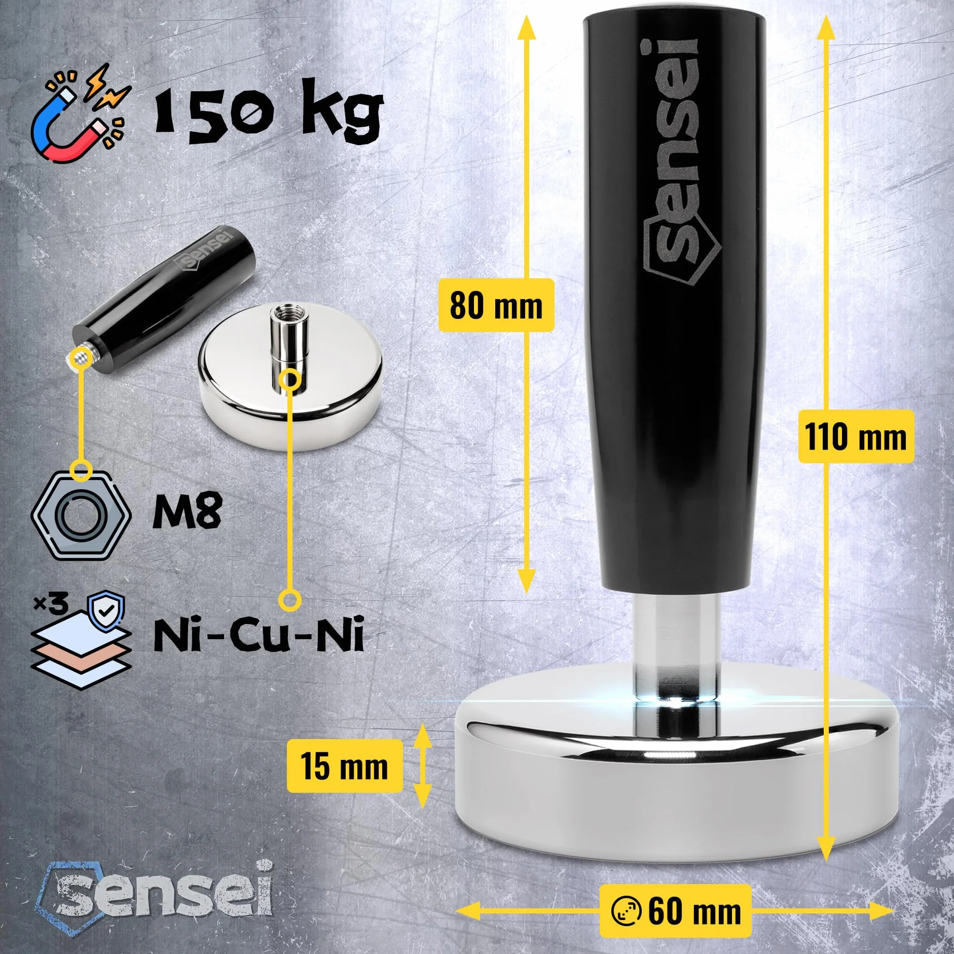 SENSEI® Magnete al Neodimio Potente con Manico – Ø 60 mm, Forza di Attrazione 150 kg, Calamita Filettata M8 per Officina e Industria