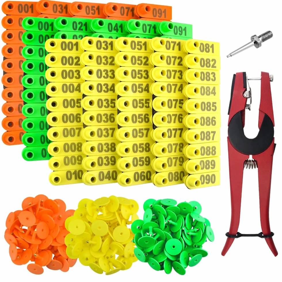 WGCD 300 pezzi di plastica bestiame Ear tag tag blu giallo arancio verde e 1 pz orecchio tag applicatore per capra Sheep Pig