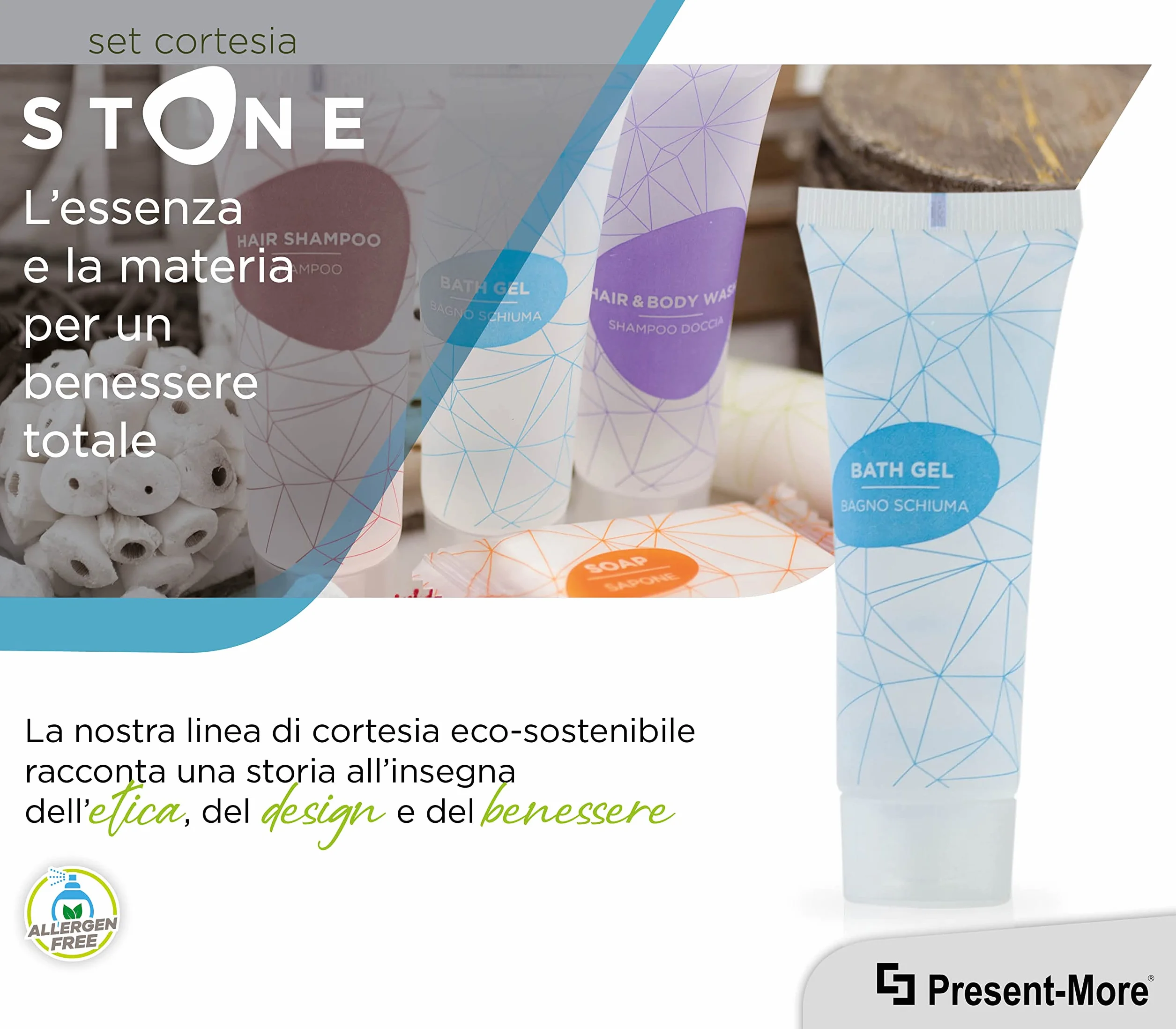 Bagnoschiuma Monodose Stone 30ml 250 Pezzi Senza Allergeni Fragranza Relaxing per Hotel B&B