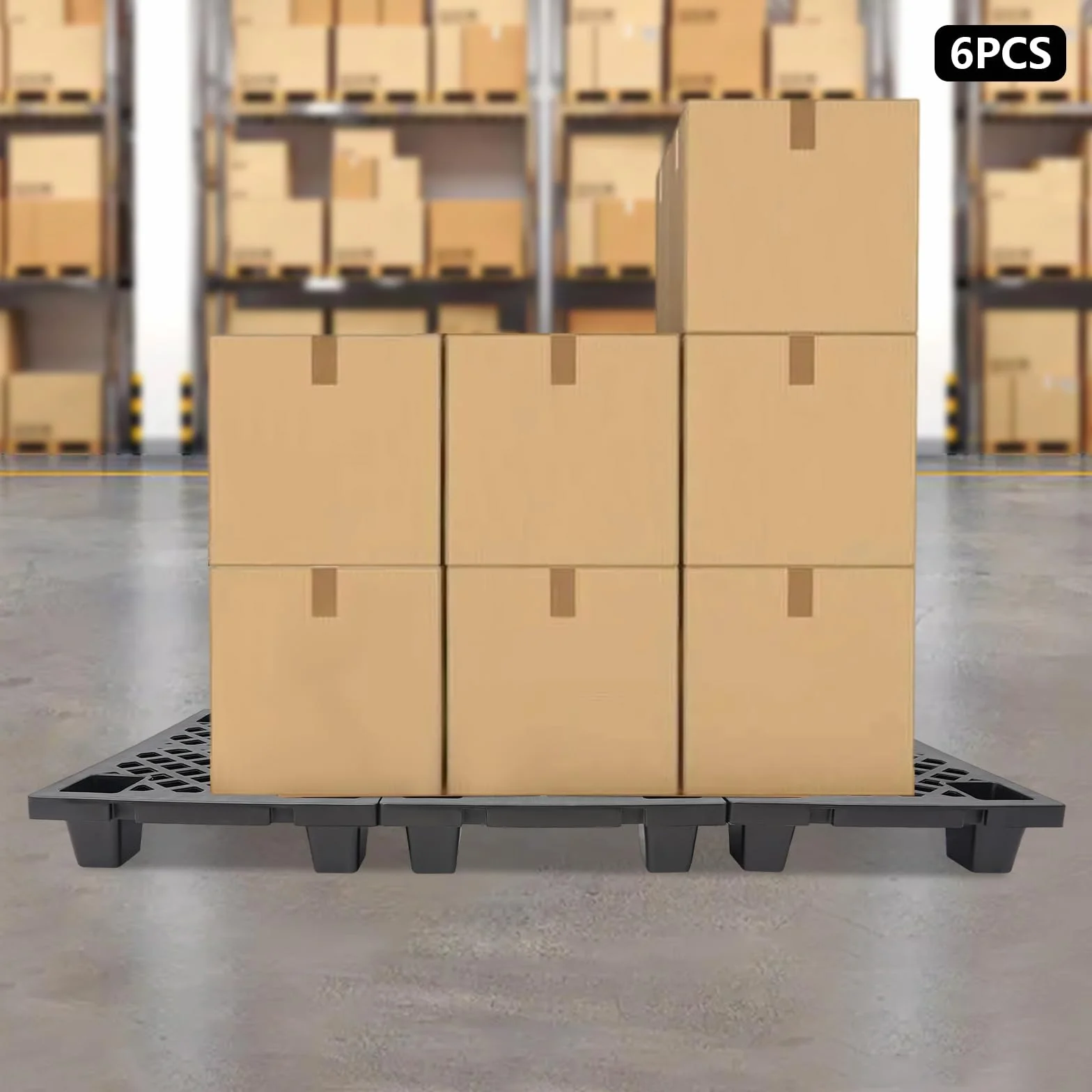 Set di 6 pallet in plastica, 60x40x10 cm Impilabili Pallet leggeri con fondo goffrato e chiusura a scatto per magazzino, logistica, esterno, cucina, ripostiglio, fino a 100 kg (Nero)