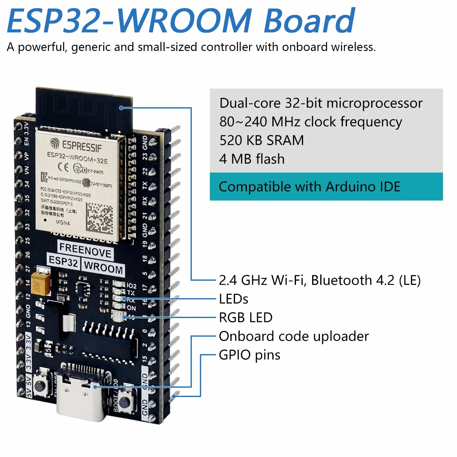 Freenove ESP32 Dev Board Kit (2 pacchetti) Sviluppo Microcontrollori Dual-Core 32-Bit 240 MHz WiFi+BT