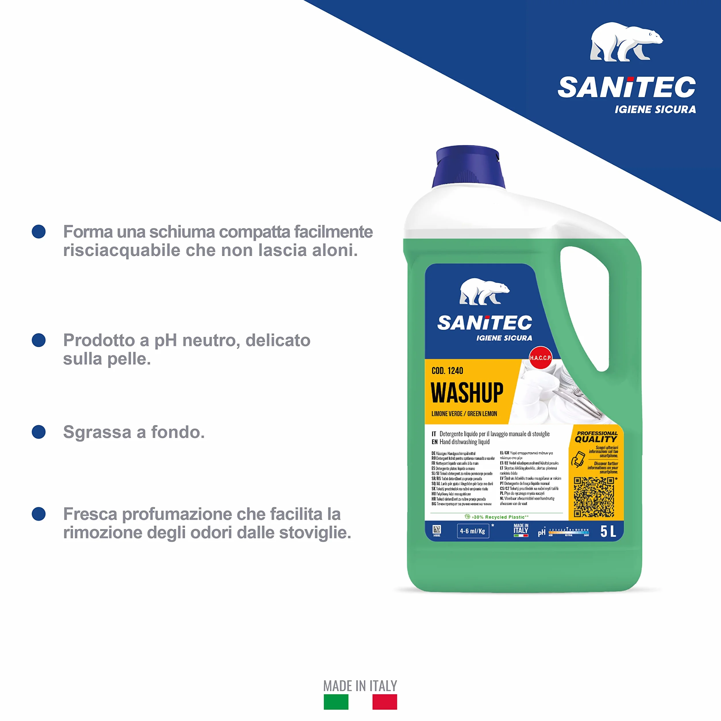 Sanitec, Washup Limone Verde, Detergente Liquido per il Lavaggio Manuale delle Stoviglie, Sgrassa a Fondo e Rilascia una Fresca Profumazione che Elimina i Cattivi Odori, Made in Italy, 2 Taniche da 5L
