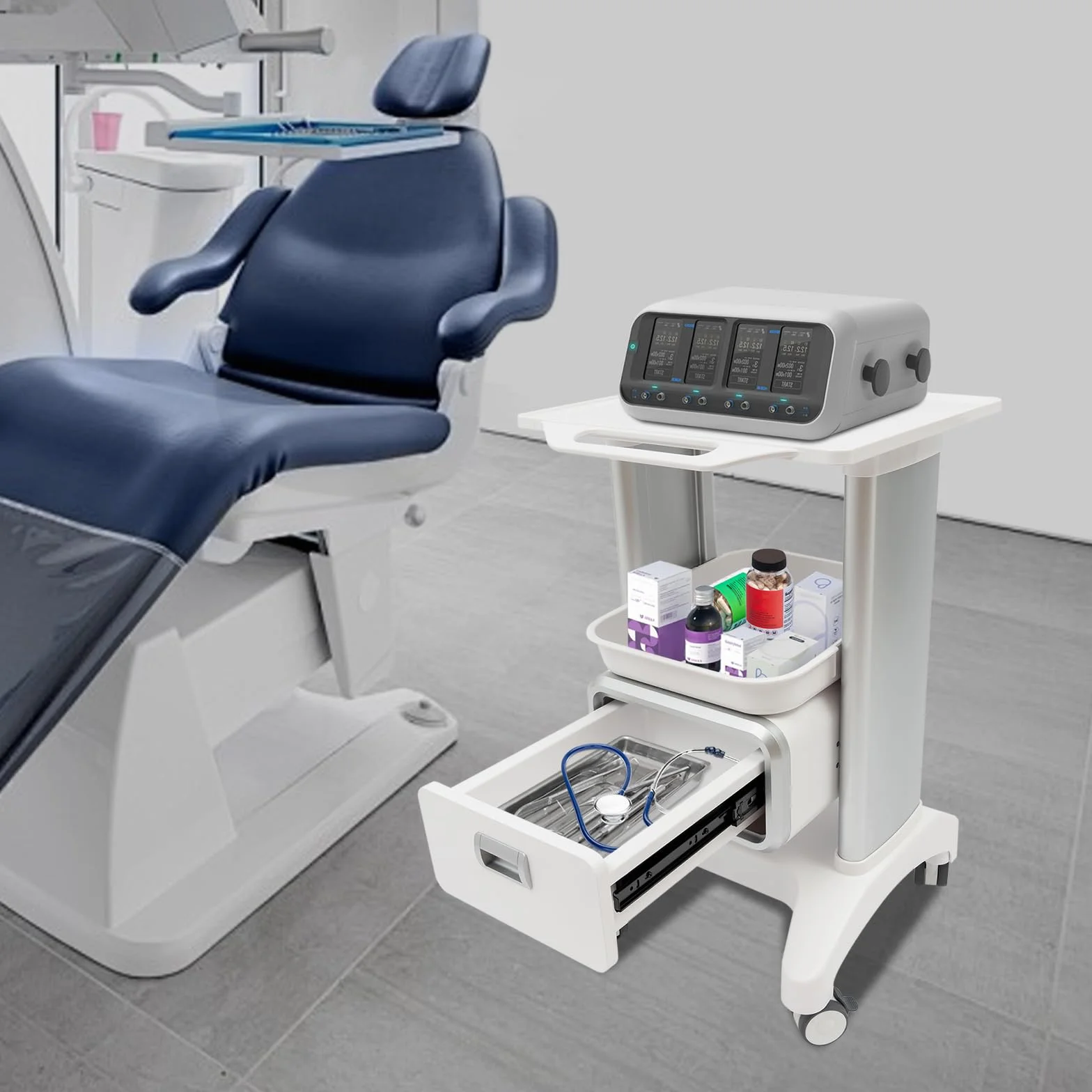 Carrello per dispositivi medici con cassetto e ripiano superiore, portata 100 kg per laboratorio clinica ospedale