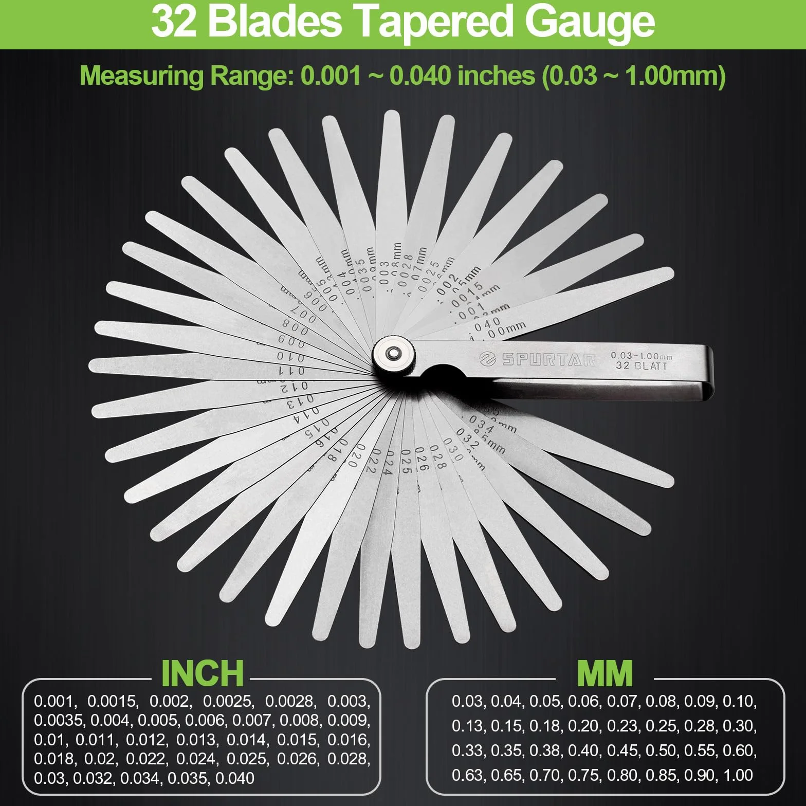 Spurtar Spessimetro 32 Lame 0,03-1,00mm/0,001-0,04" Strumento di Misurazione in Acciaio