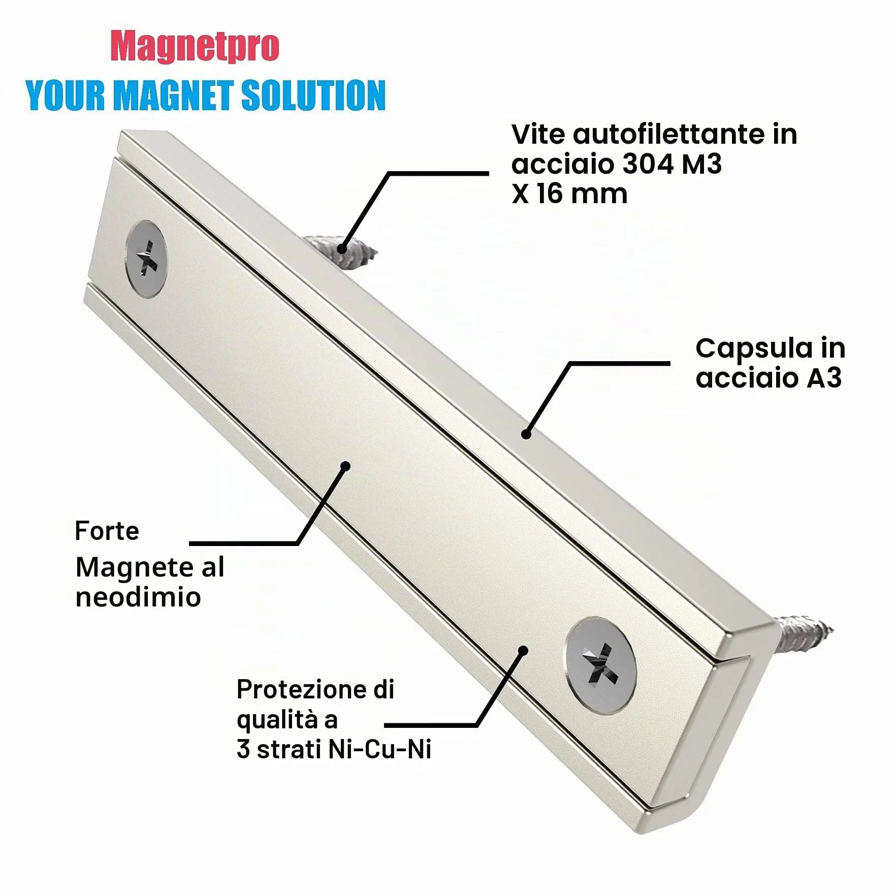 Magnetpro 8 pezzi magneti rettangolari 30 kg forza 60 x 13,5 x 5 mm con foro svasato e capsula, magnete in neodimio con base in acciaio per uso domestico e industriale con viti