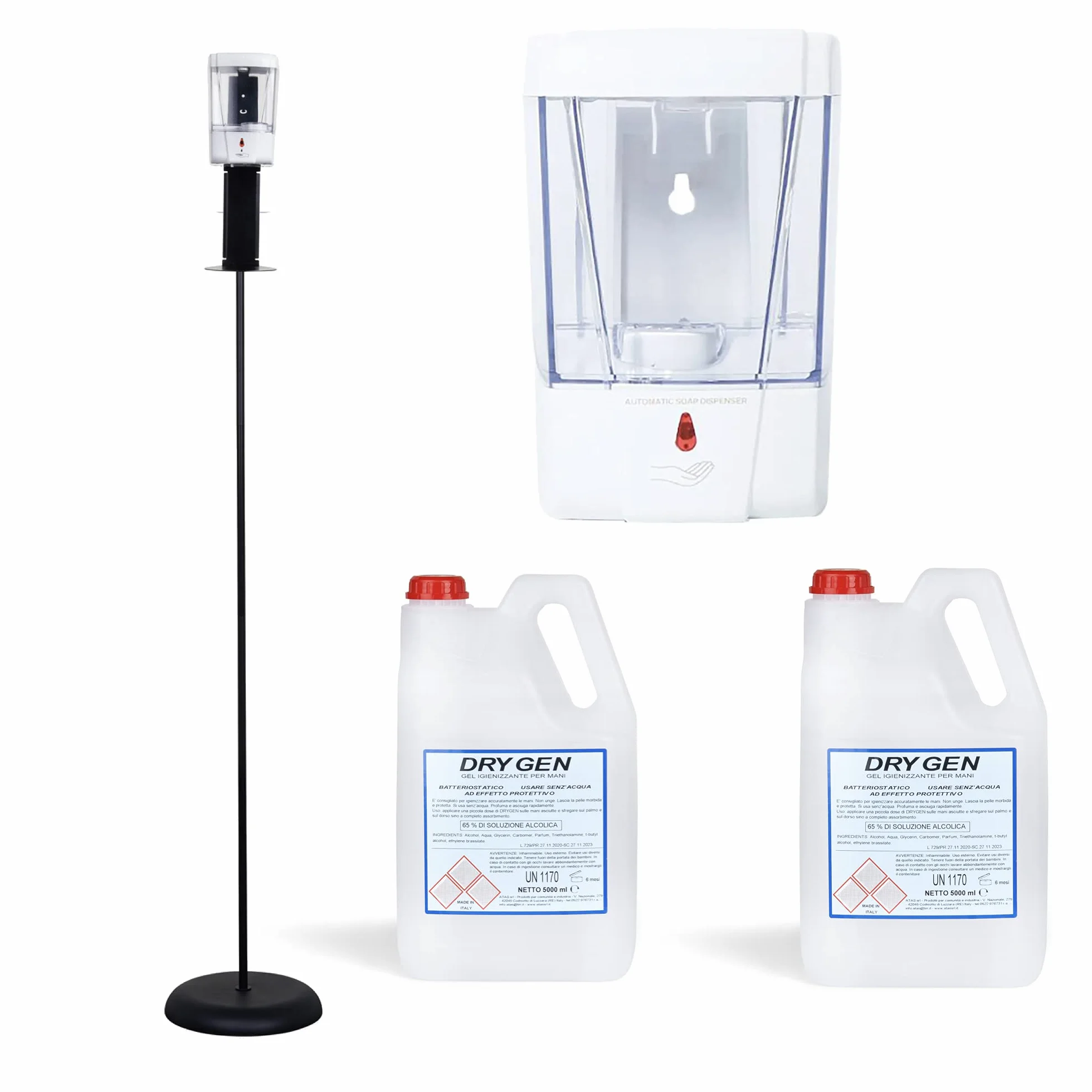 Dispenser gel disinfettante mani Gocciasana | Dispenser automatico con piantana | Colonnina igienizzante mani | Dispenser igienizzante mani (Tagliamento+ gel)
