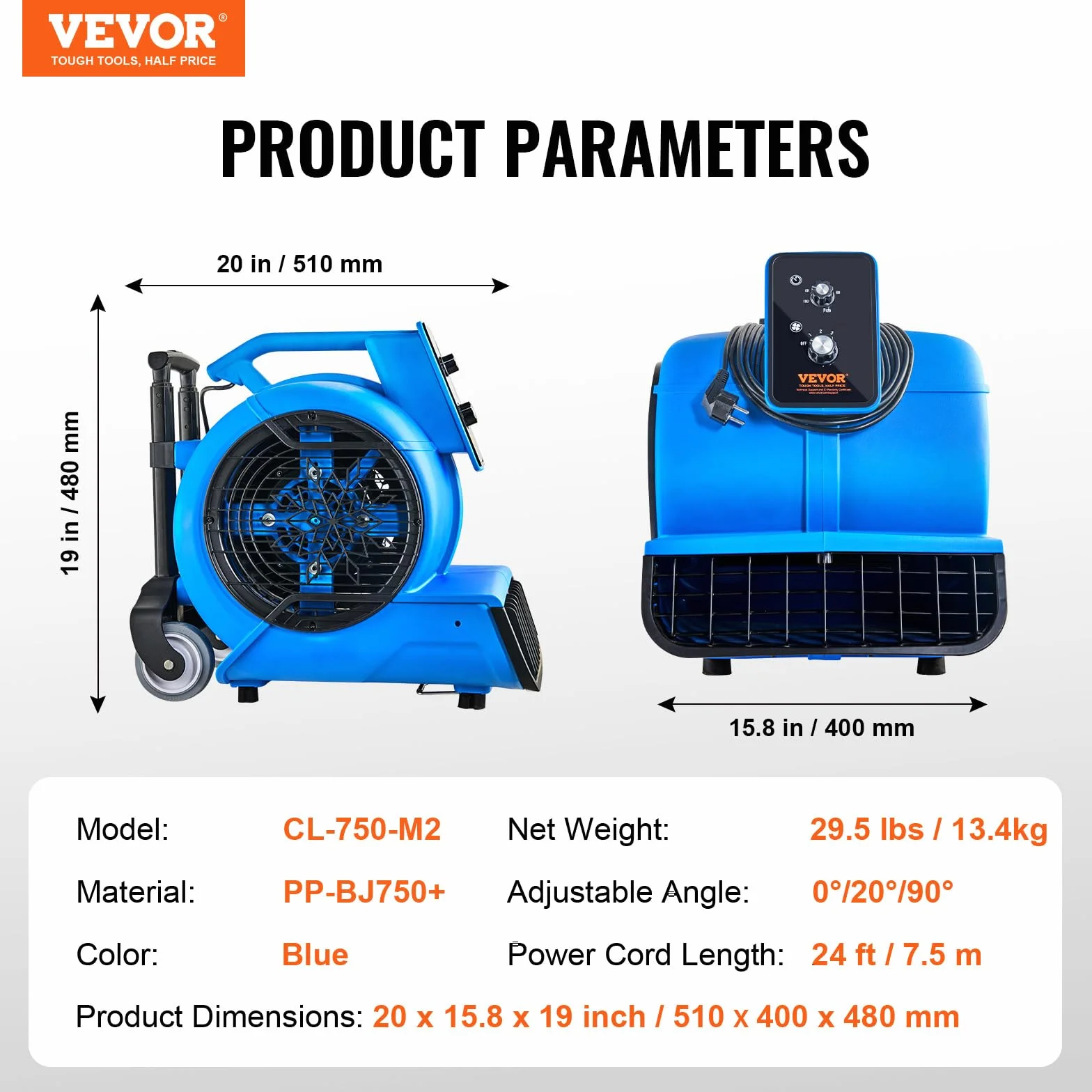 VEVOR Ventilatore per pavimento 4000 CFM 1560 giri/min portatile asciugatura raffreddamento 3 velocità timer