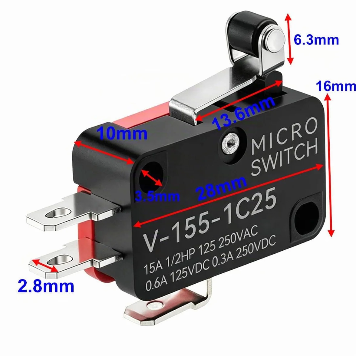 Gebildet 12pezzi Micro Interruttore Leva a Rullo, V-155-1C25 Finecorsa SPDT, 3Pin 2Posizione 1NO 1NC Mini Interruttore a Levetta, Braccio Pulsante Attuatore Momentaneo
