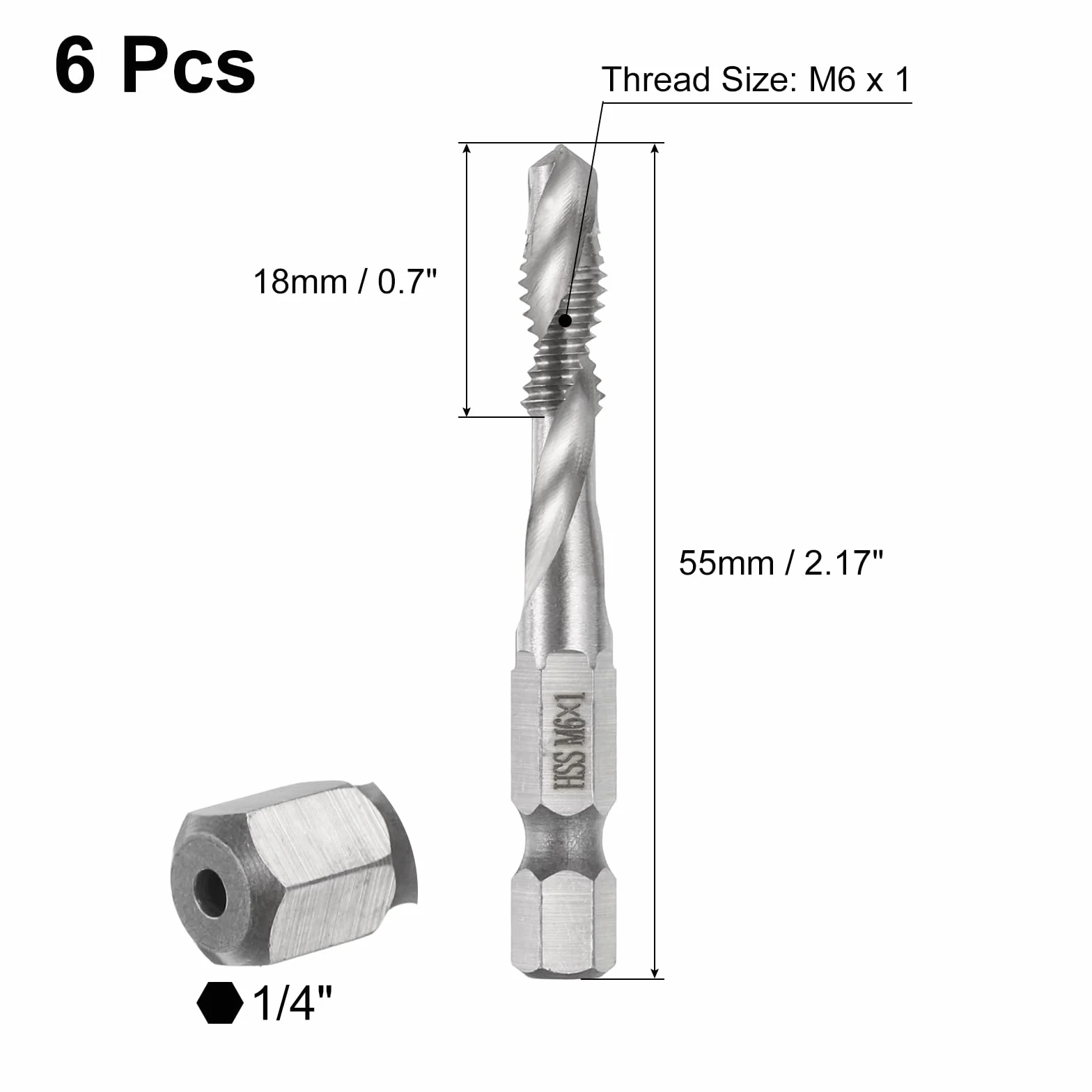QUARKZMAN 6pz Punte Trapano Maschiatura Combinate Filettatura Metrica M6 x 1 Gambo Esagonale 1/4" Acciaio Rapido