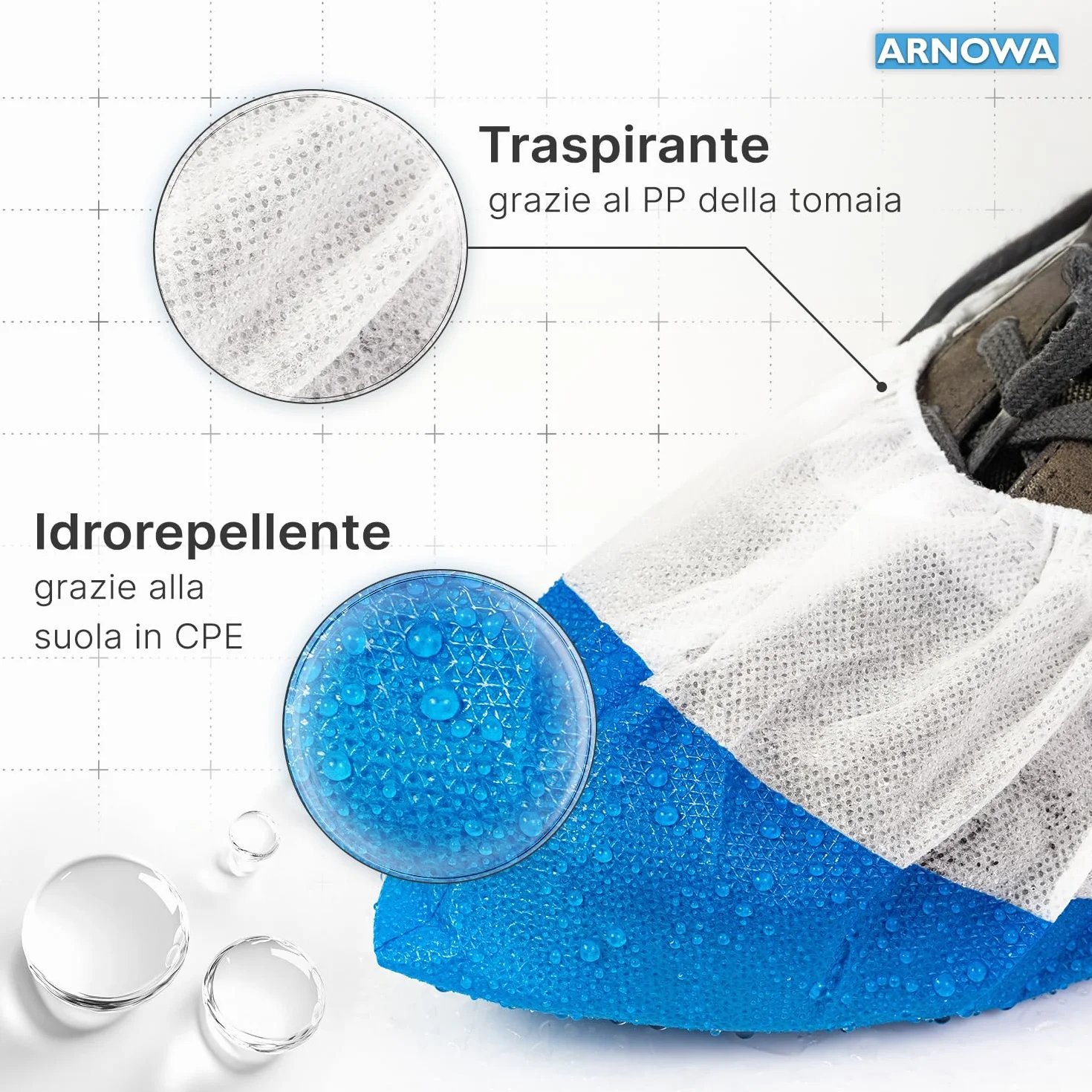 ARNOMED Copriscarpe monouso CPE PP 50 pezzi 17x40cm calzari usa e getta bianchi suola CPE blu taglia unica