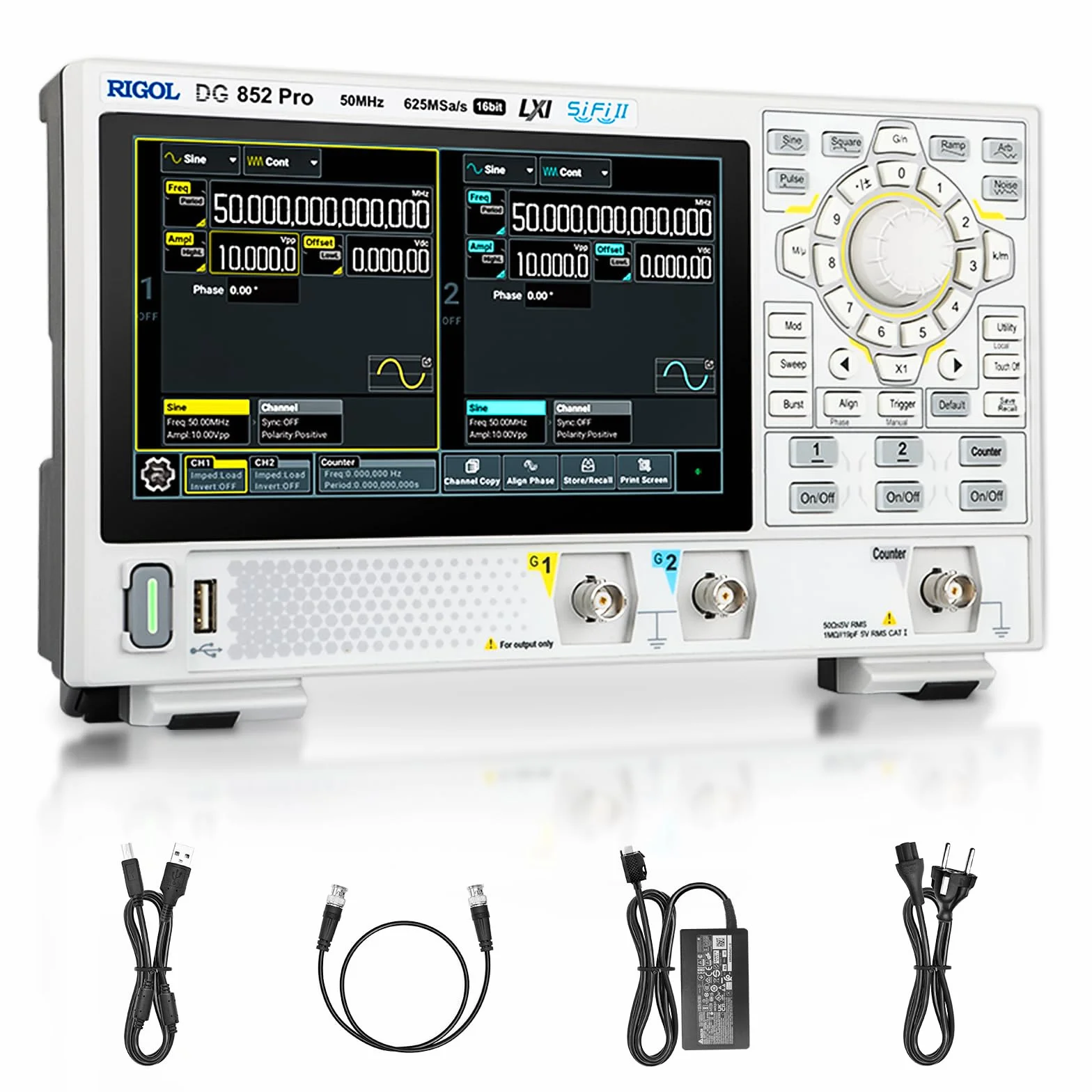 RIGOL Generatore di Segnale,DG852 Pro Generatore di Funzioni,50 MHz,2 Canale,Risoluzione a 16 bit,Schermo touchscreen HD da 7",Ultra-portatile,Perfetto per test sul campo e didattica in laboratorio