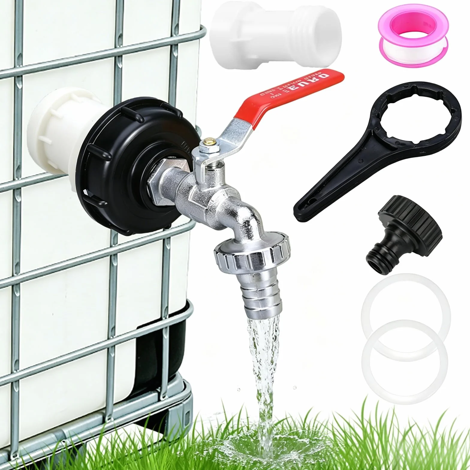 IBC Container Accessori, IBC Rubinetto di Scarico Set, mit Chiavi Tappo del Tamburo, Raccordo Cisterna 1000 Litri, Adattatore Rubinetto Pollici in Lega 1/2, per Cisternetta Serbatoio Acqua Piovana