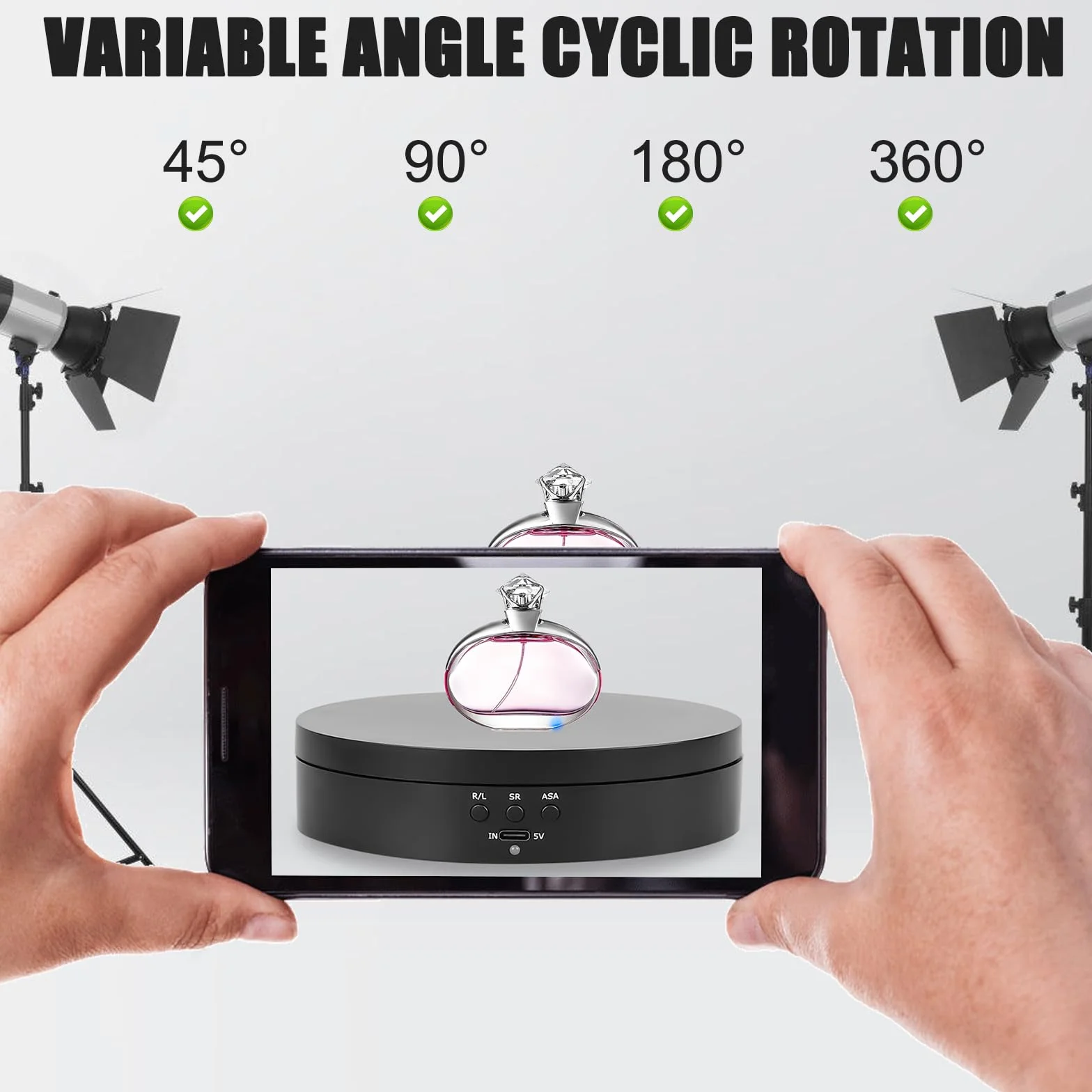 Elettrico: supporto per display girevole da 13,8 cm per fotografia, piattaforma di rotazione automatica a 360°, 3 velocità, ricarica USB