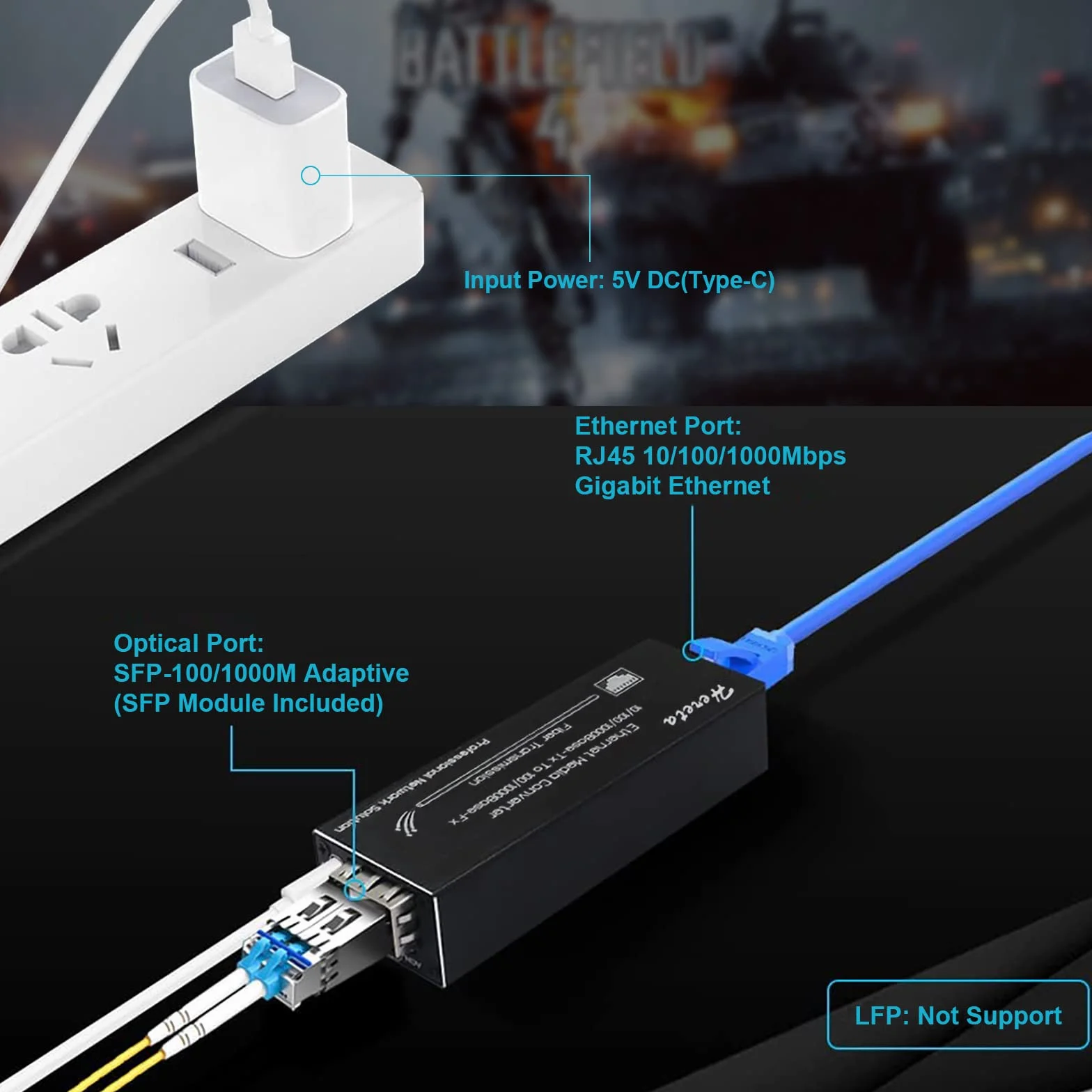 Gigabit Ethernet Media Converter, Modo Singolo LC, 10/100/1000M RJ45 a 100/1000Base-LX, 1310nm, 20km