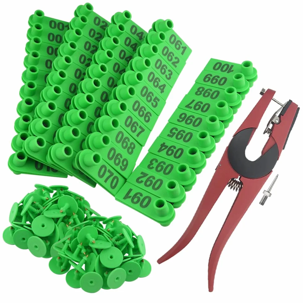 WMYCONGCONG 1-100 numeri di plastica bestiame etichetta per orecchie con etichetta per animali verde e 1 applicatore per etichette auricolari per pecore di capra (verde)