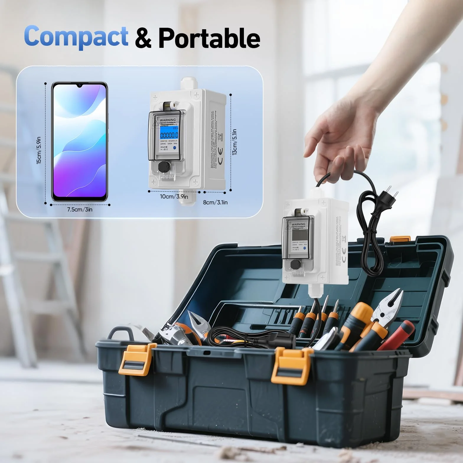 Contatore elettrico digitale portatile 230 V, monitor del consumo di energia con spina industriale/cavo in gomma, monitor di energia portatile impermeabile IP67 per camper/elettricità